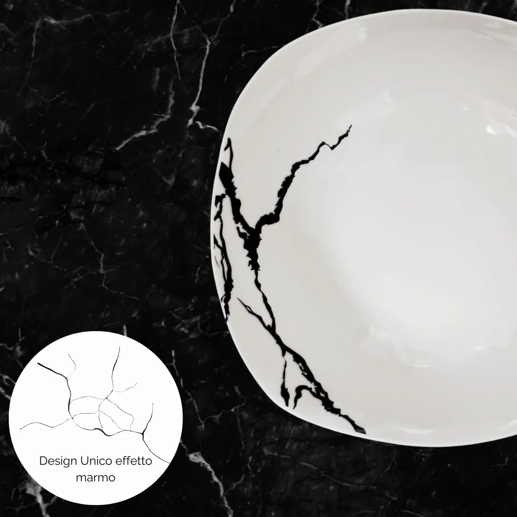 Servizio Piatti 38 Pezzi Per 12 Persone | Resistente Porcellana Bianca e Nera Design Moderno Marmorizzato Elegante Raffinato | Uso Quotidiano, Occasioni Speciali, Lavabile in Lavastoviglie