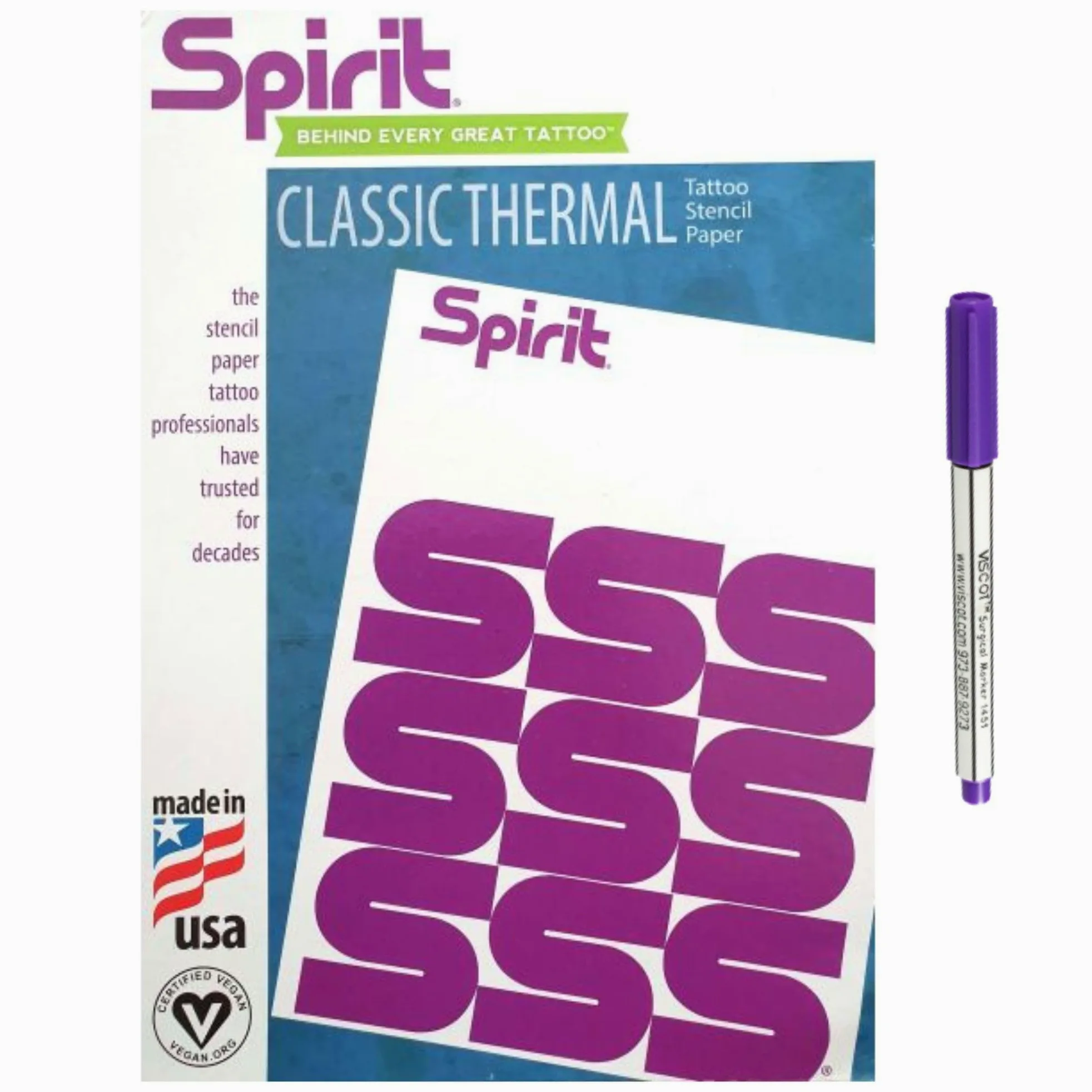 Spirit Tattoo Transfer Paper Bundle – 100 fogli A4 Spirit Classic Purple Thermal Copier Hectograph Paper (21,6 x 27,9 cm) con Viscot Sterile Surgical Skin Marker incluso