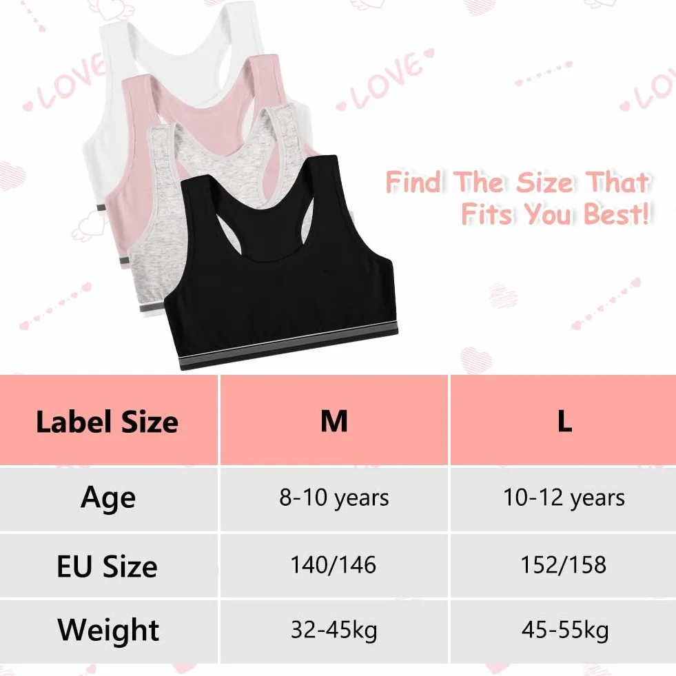 Flintronic 4 Pezzi Reggiseno Sportivo Bambine Cotone Non Imbottito Top Corto Allenamento