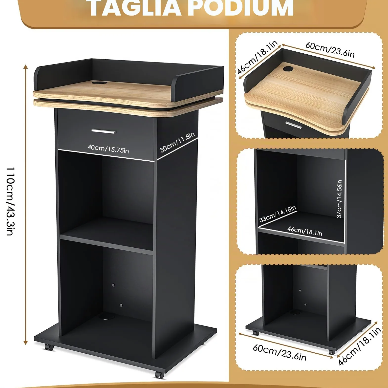Podio in legno con cassetto estraibile e ruote, pulpito alto in legno massello di alta qualità, con ripiano a doppio strato, per chiesa, conferenze, scuola, seminario (110 x 46 x 60 cm)