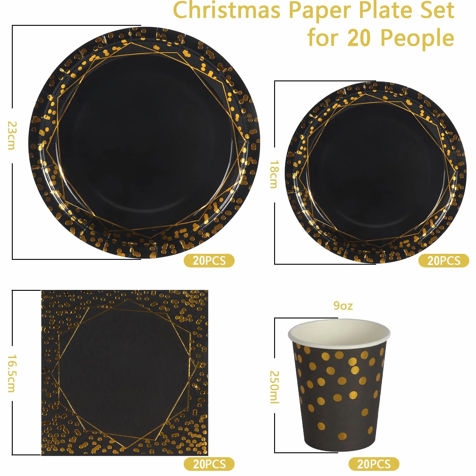 Set Stoviglie 80 Pezzi Nero e Oro, Servizio 20 Persone
