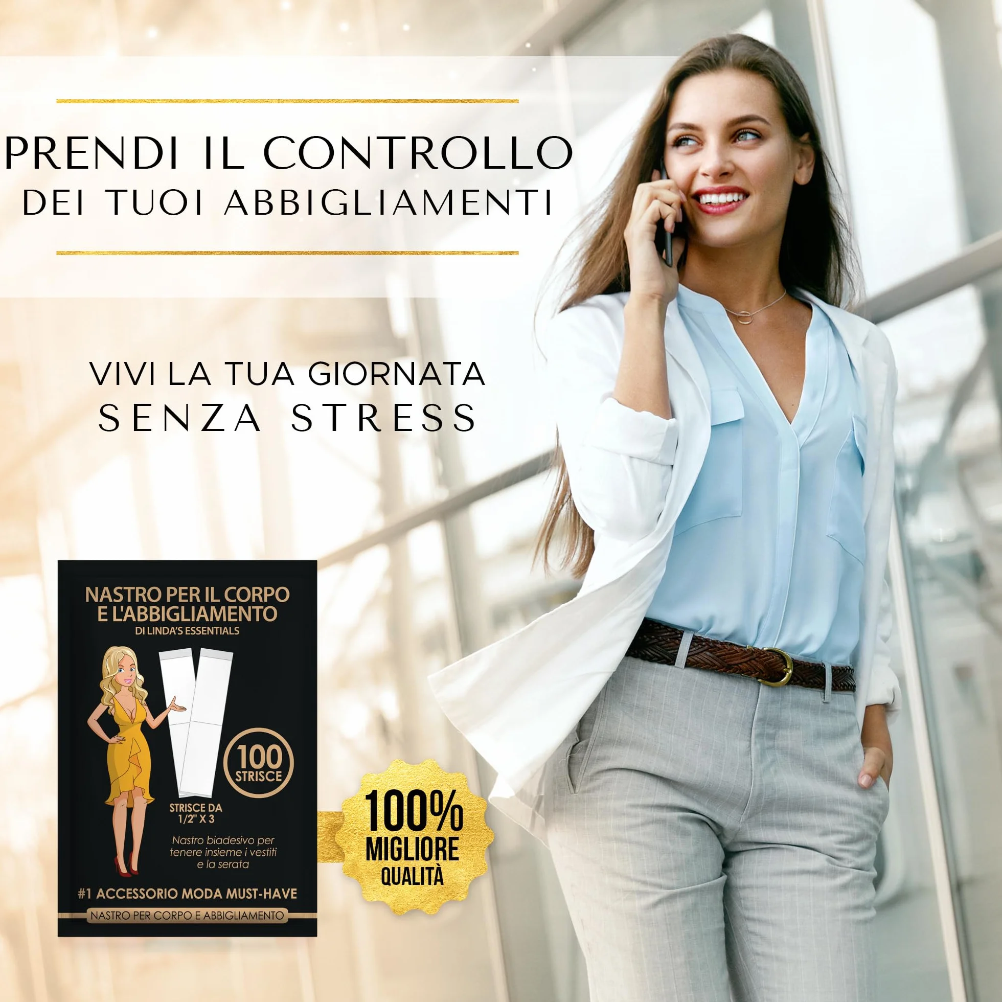 Linda's Essentials Nastro biadesivo Extra forte per tessuti Fashion Tape (confezione da 100), biadesivo trasparente per scollature, spalline, orli