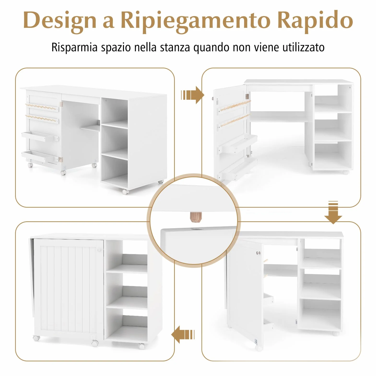 RELAX4LIFE Tavolo da Cucito Pieghevole, Mobile per Macchina da Cucire con Ripiani di Stoccaggio, 2 Contenitori e 18 Ganci, Stazione di Lavoro Portatile con Ruote Bloccabili per Spazi Ristretti