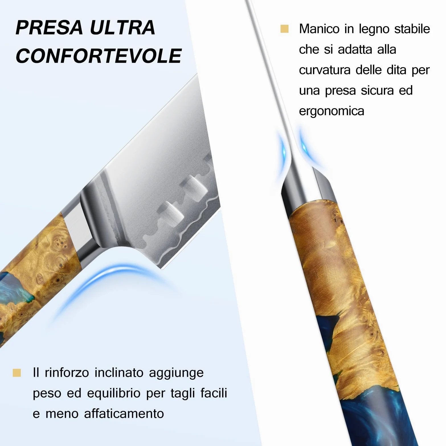 FINTISO Coltello Santoku da 18 cm, Coltello da Chef Giapponese Ultra Affilato con Nucleo in Acciaio in Polvere S35VN, 7 Strati di Acciaio Laminato, Manico in Resina Celeste e Legno Stabilizzato