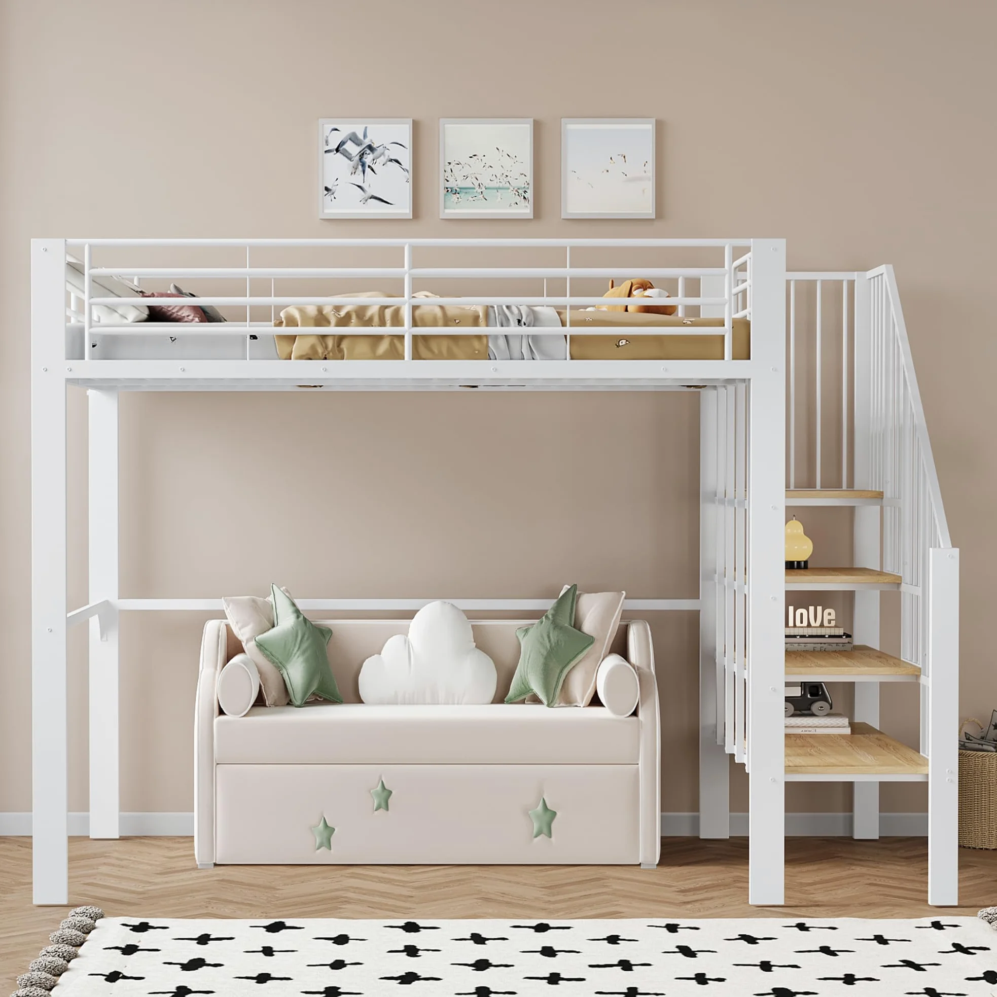 Letto a Soppalco 140x200 cm con Robusta Struttura in Metallo, Letto a Castello per bambini e e Adulti, Letto Multiuso con ampio spazio di stivaggio sotto il, Letto Bambini con Scala e Ringhiere