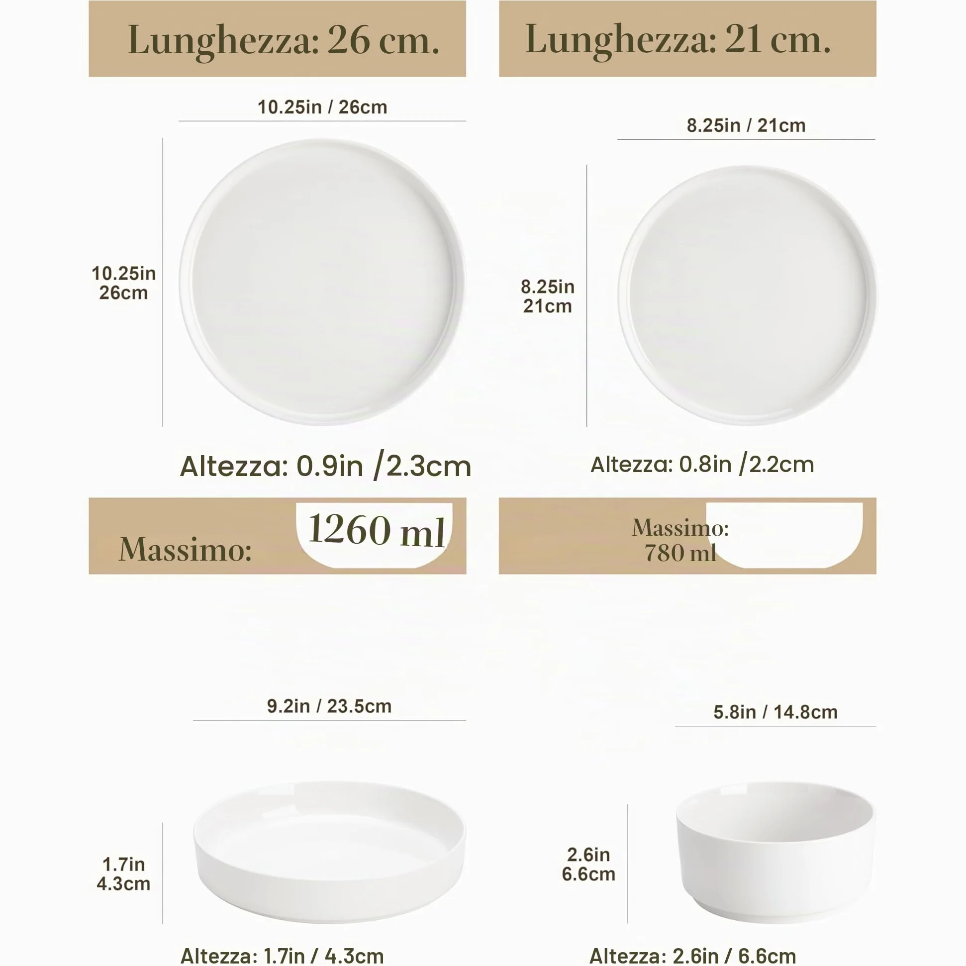MALACASA Servizio di Piatti in Porcellana per 6 Persone, 24 Pezzi con Piatti Piani ∅ 26 cm e Piatti da Dessert ∅ 21 cm, Ciotole per Cereali da 760 ml e per Pasta da 1240 ml, Colore Bianco, Serie LEAH