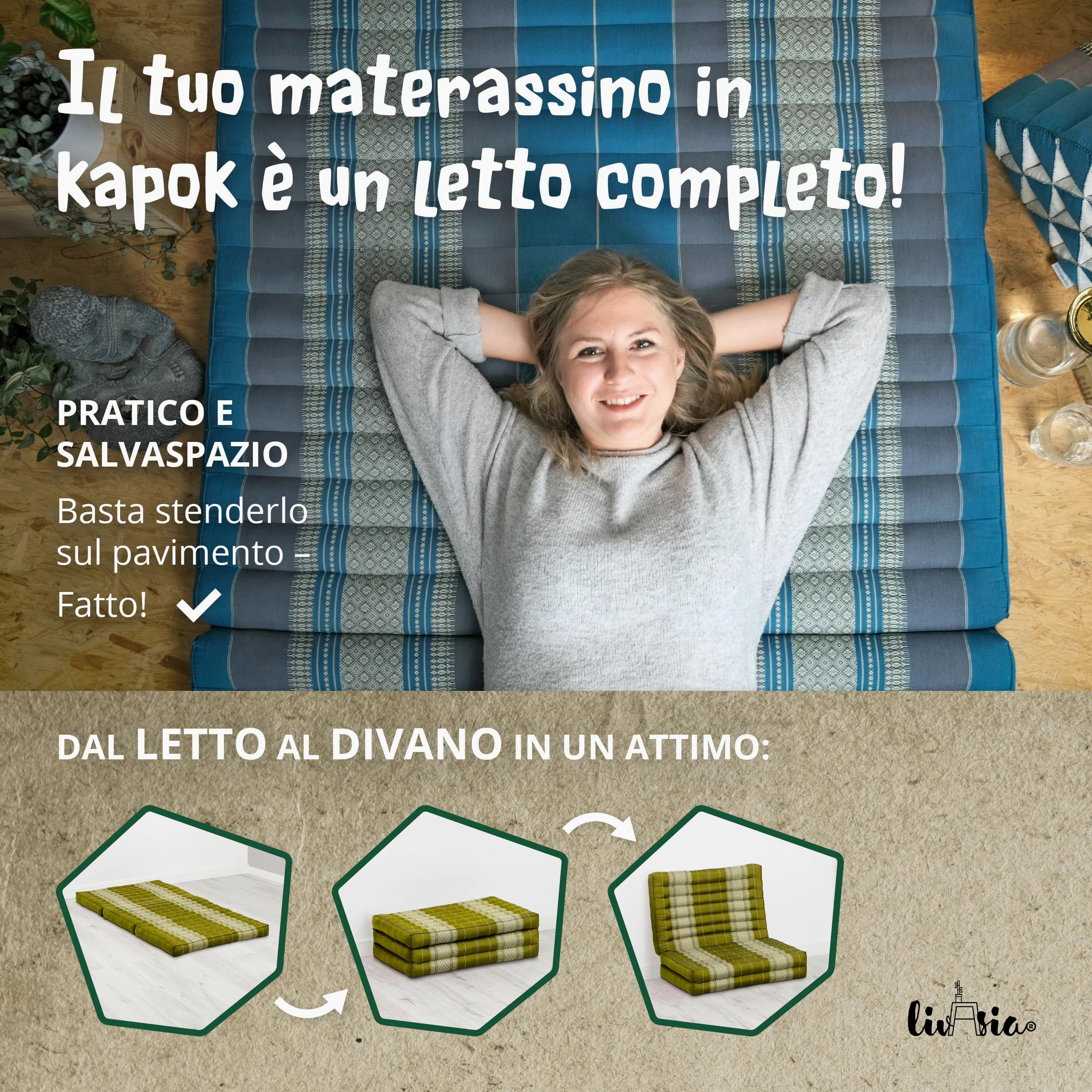 livasia materasso sostenibile in kapok - 140x70x8cm - materasso pieghevole, materassino da campeggio, tappetino yoga ecologico, lettino per giardino e balcone (Verde)