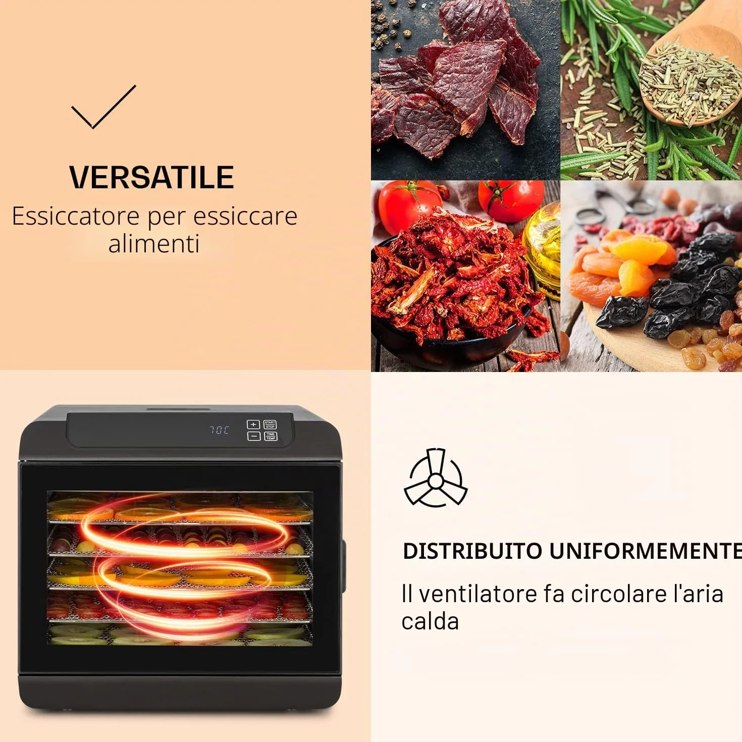 KLARSTEIN Arizona - Disidratatore, Essiccatore di Carne e Frutta, Essicatrice, 500 Watt, 35-70 ° C, 6 Ripiani Lavabili in Lavastoviglie, Nero