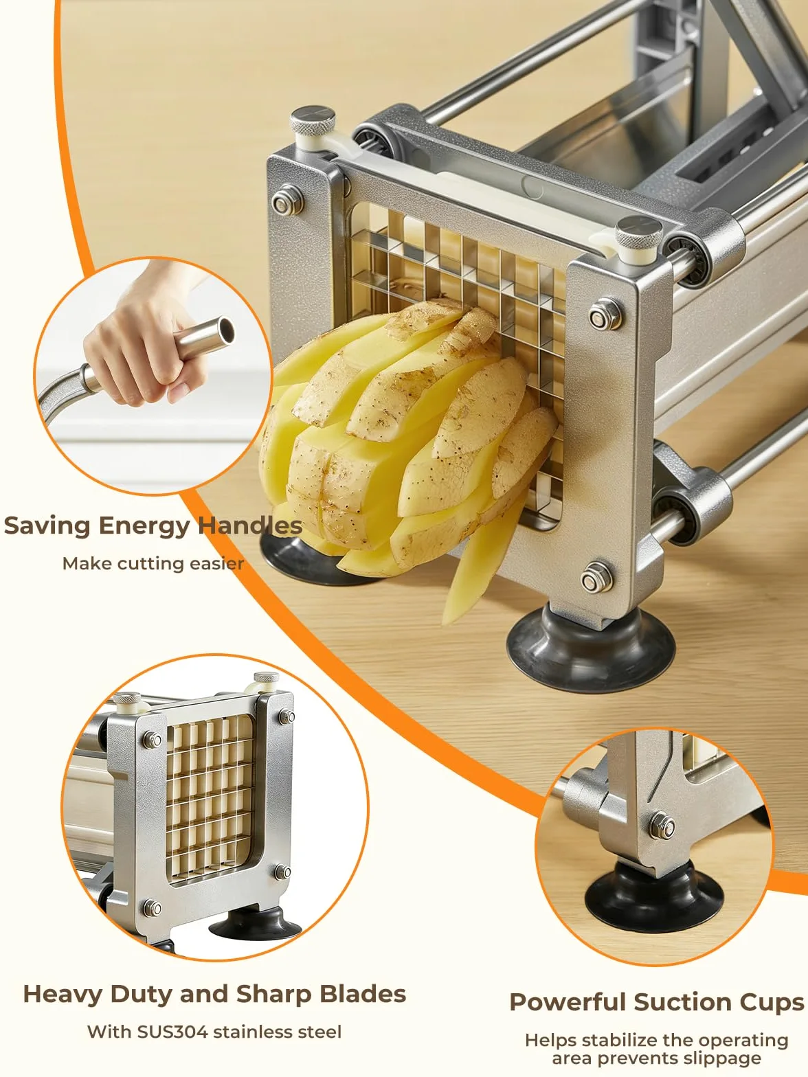FOHRER Tagliapatate Professionale in Acciaio Inox con 3 Lame (13, 9, 6 mm) per Patate Intere, Carote, Cetrioli, Cipolle e Patate Fritte (Argento)