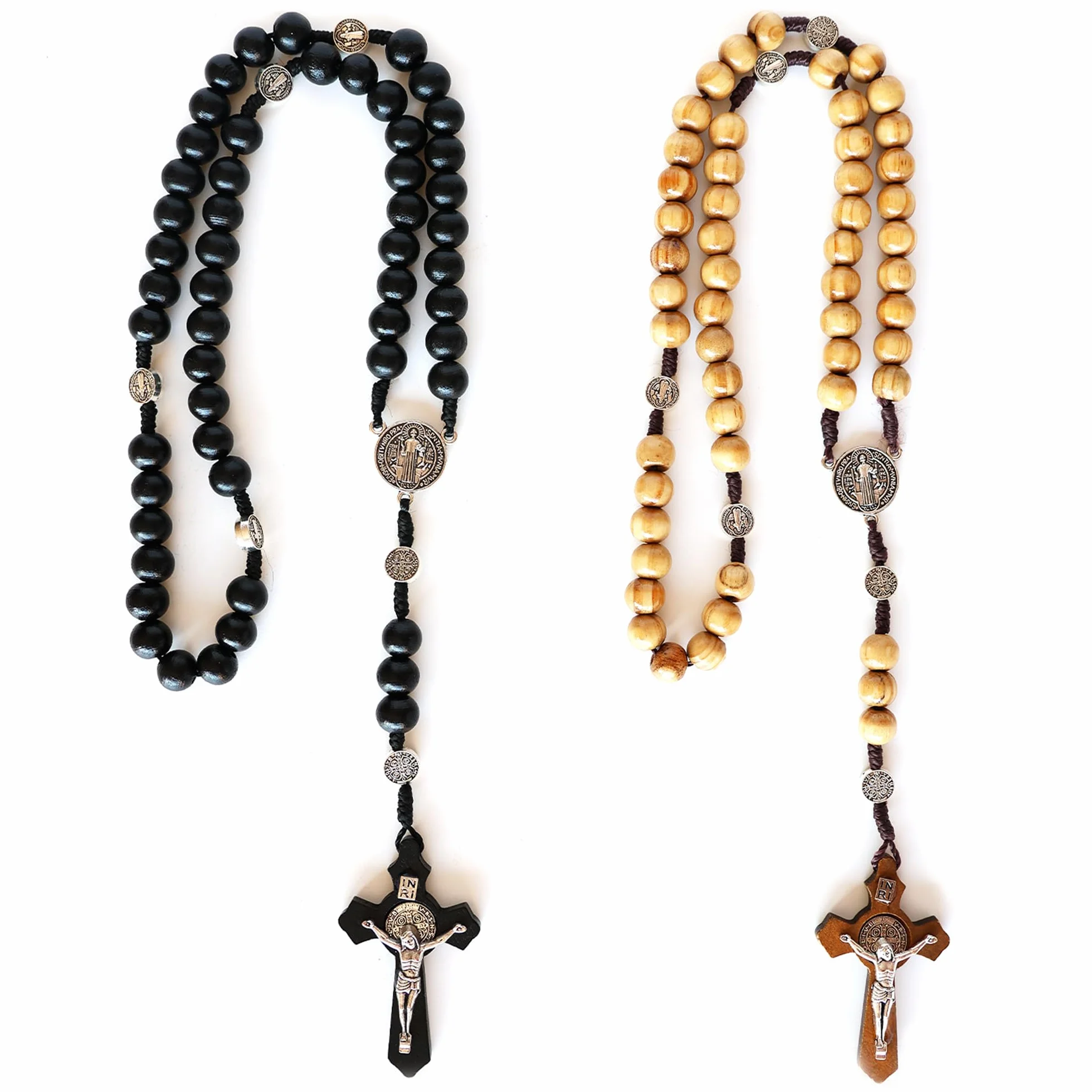 Collana Rosario di San Benedetto in Legno d'Ulivo con Finiture in Teak e Nero - Cattolico con Medaglia Fatto a Mano per Uomo e Donna