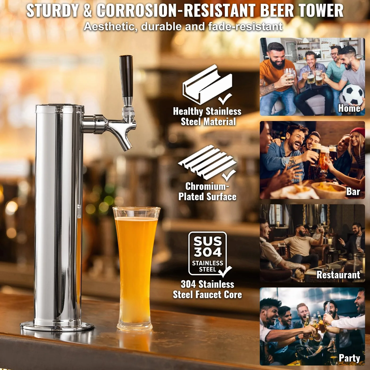 VEVOR Kit Colonna Birra a Rubinetto Singolo, Dispenser per Bevande Birra in Acciaio Inossidabile, Rubinetto Birra con Regolatore a Doppio Manometro W21.8, Accoppiatore per Fusti Sistema A