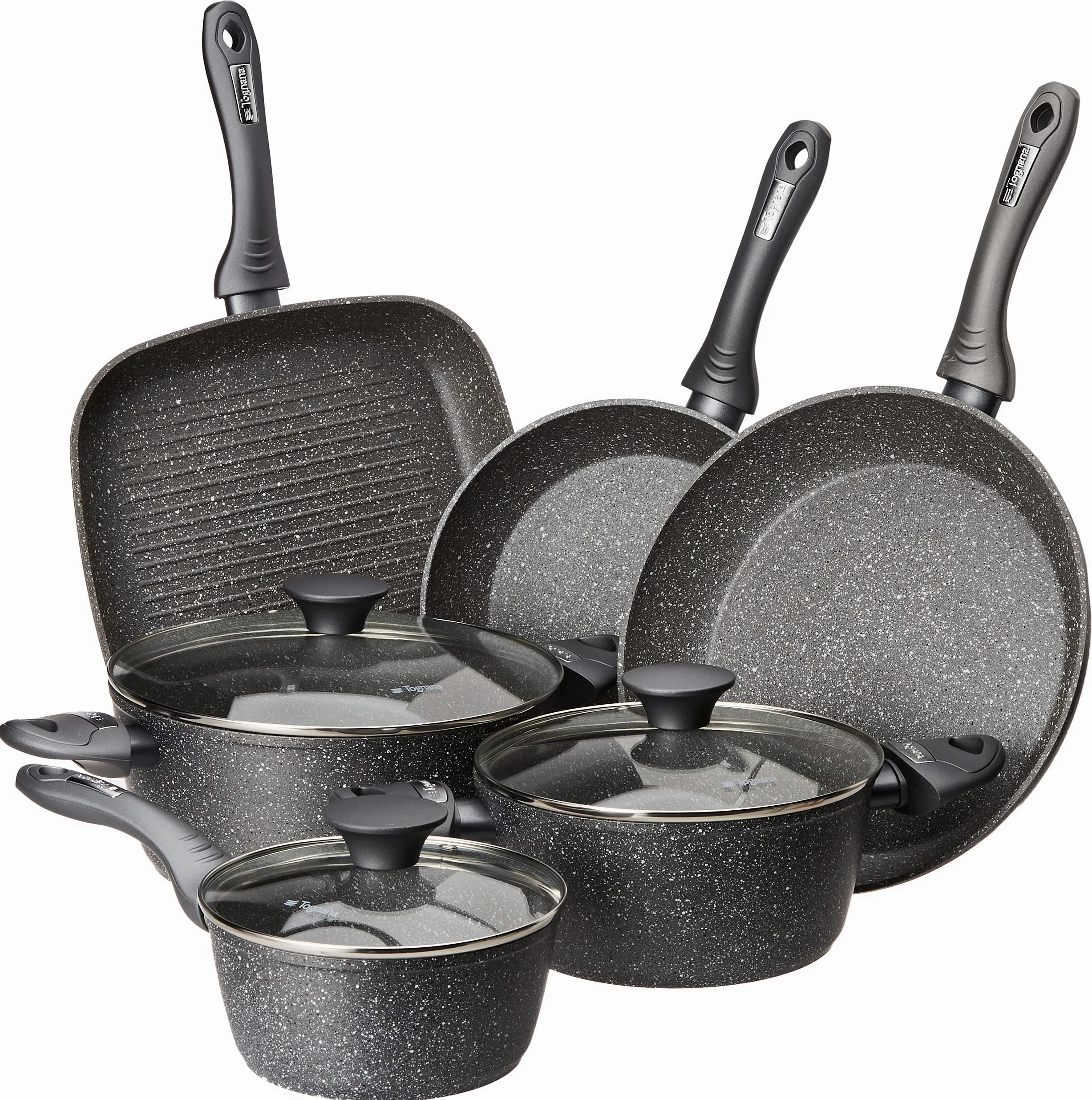 Tognana Mythos, Batteria di pentole e padelle, 9 pezzi con 3 casseruole, 2 padelle, 1 grill, 3 coperchi, Alluminio, Grigio
