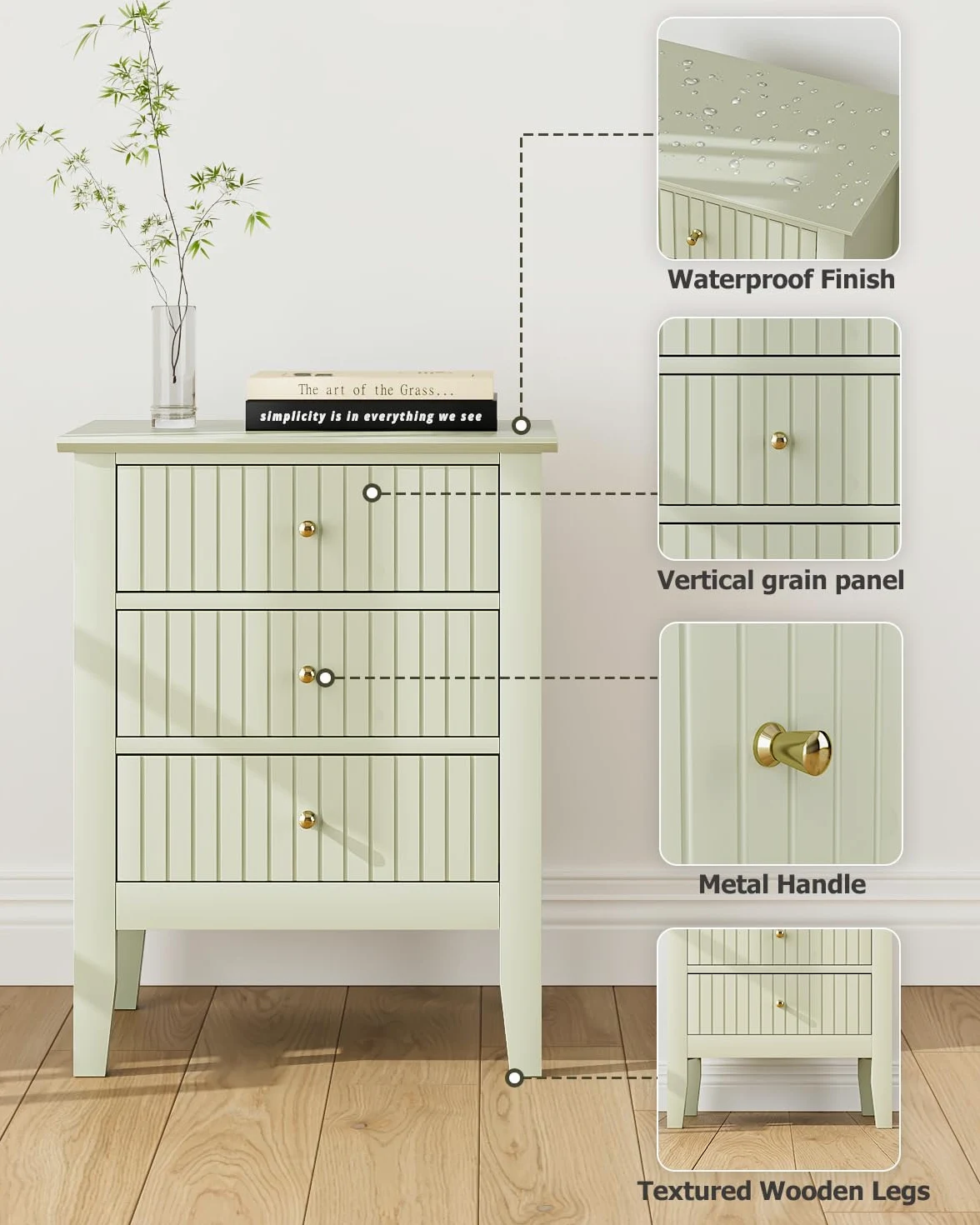 HEYZOEY Comodino con 3 cassetti, comodino, cassettiera, tavolino per camera da letto e soggiorno (verde pistacchio, 45 x 33 x 61 h)