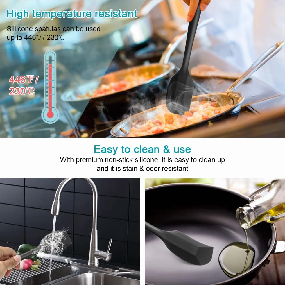 Vicloon Spatole in Silicone Set 4 PCS Spatola da Cucina Utensili per Uso Alimentare Resistente al Calore Antiaderenti (Nero)