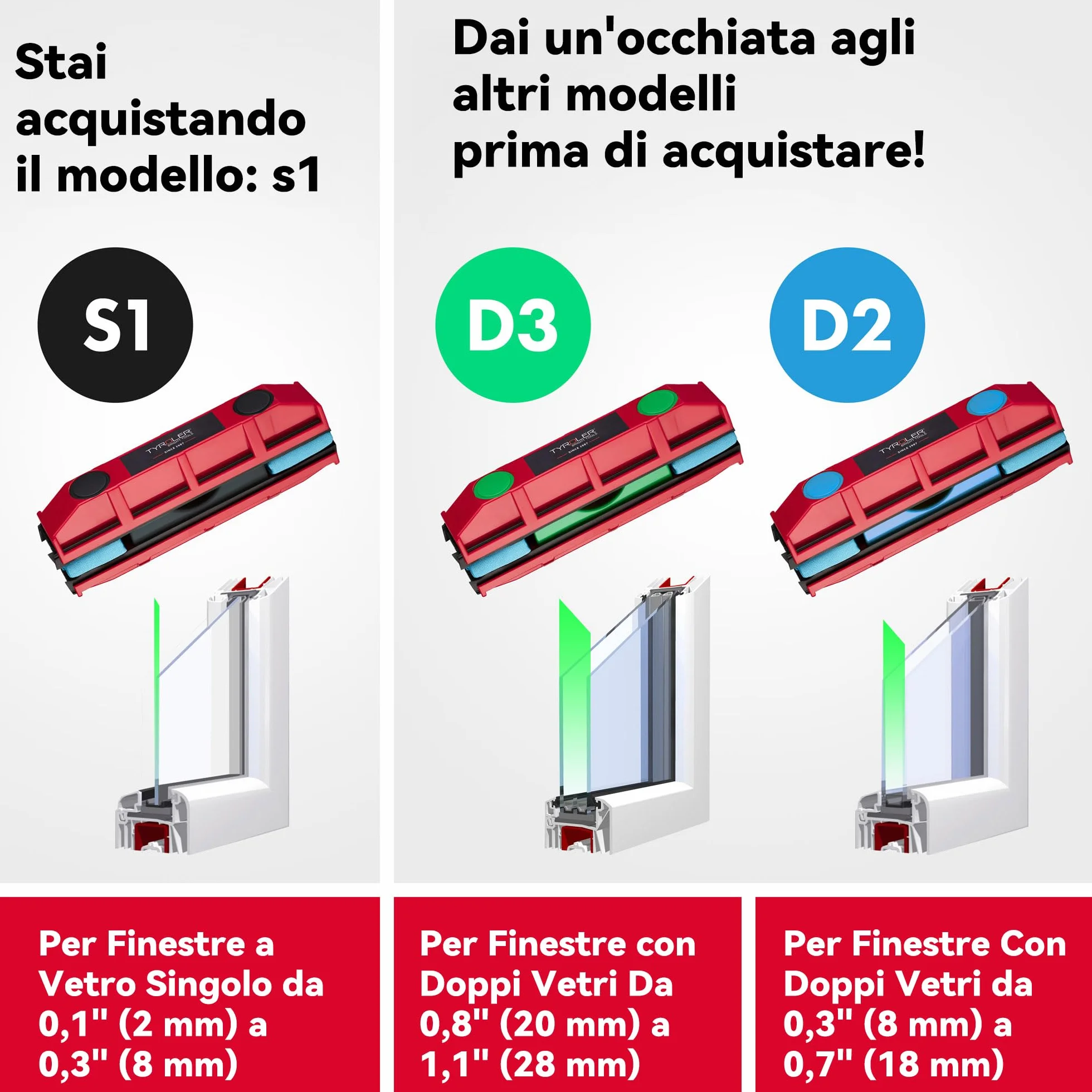 Tyroler il Glider S-1 Lavavetri Magnetico 2-8mm Pulitore Vetro Finestre