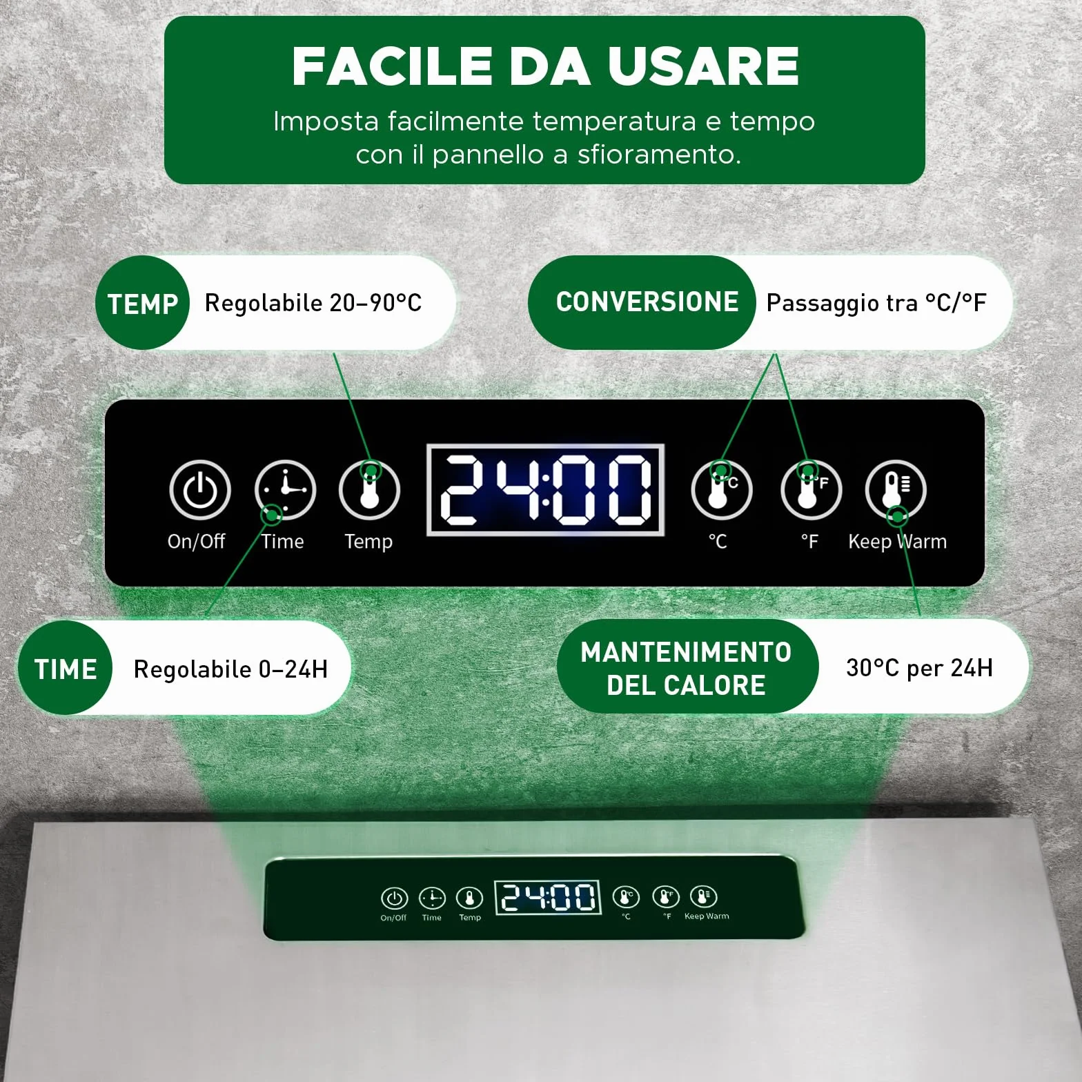Kwasyo Essiccatore Alimentare in Acciaio Inox DA 1000, superficie di essiccazione XXL 1,8 m², temperatura regolabile 30-90℃, display LED, 24 ore, senza BPA, con ricettario, 10 vassoi in acciaio inox