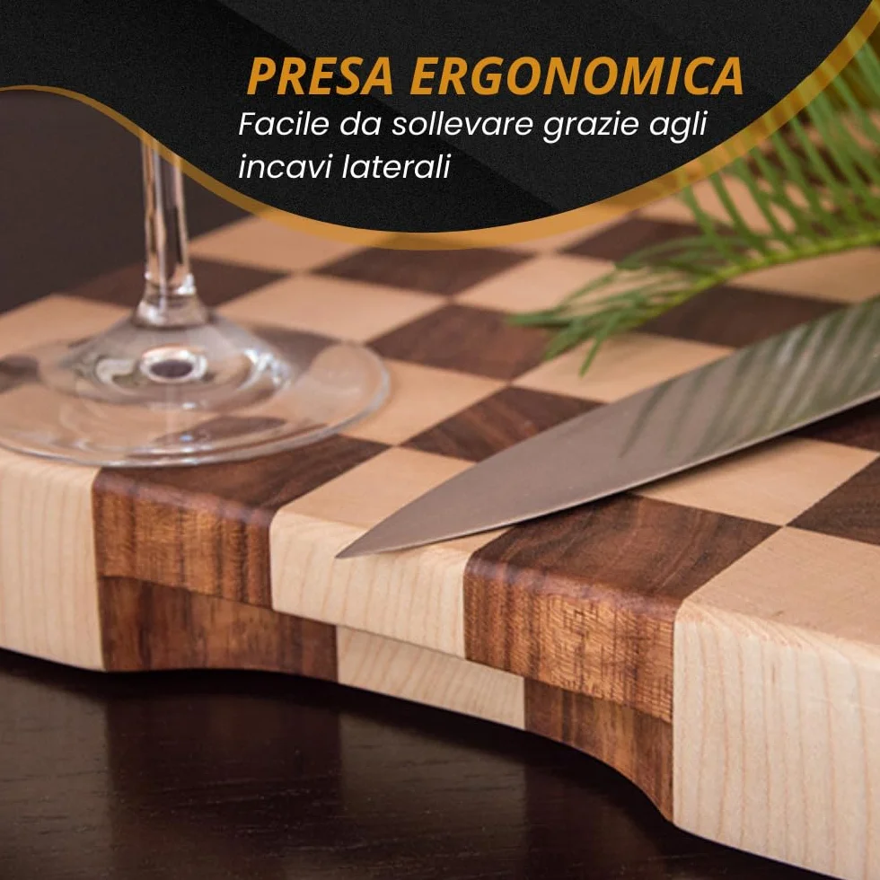 Arte del Legno, Tagliere da Cucina in Legno Professionale dim. 40x40xh4.5- con Venatura a Scacchi, Tagliere Massello di Acero e Mogano con Olio Naturale - Stabile e Antiscivolo