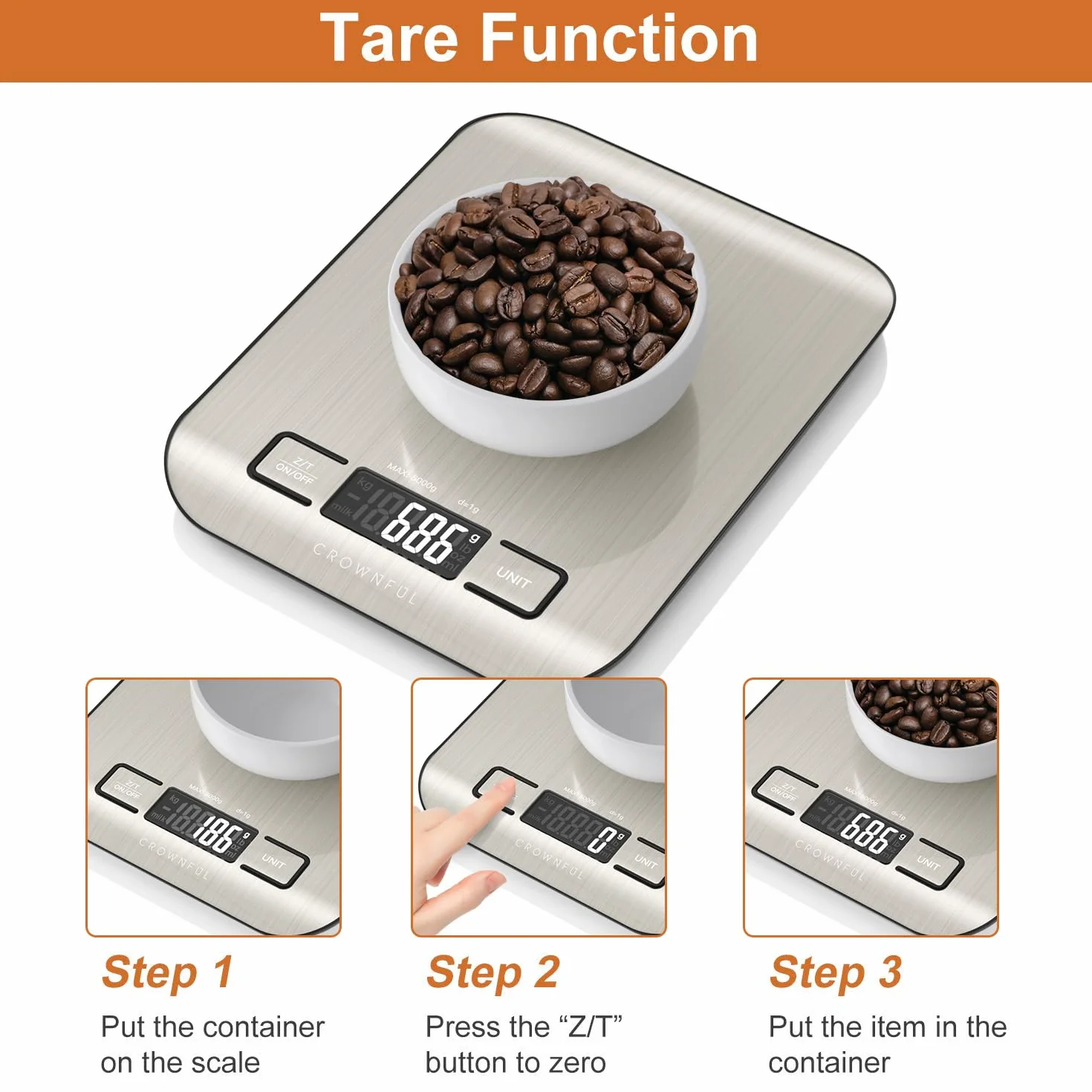 CROWNFUL Bilancia da Cucina Digitale, acciaio inossidabile, Grande Display LCD, Capacità 5 kg, multifunzione Bilancia Cucina 5 unità con funzione tara, Argento