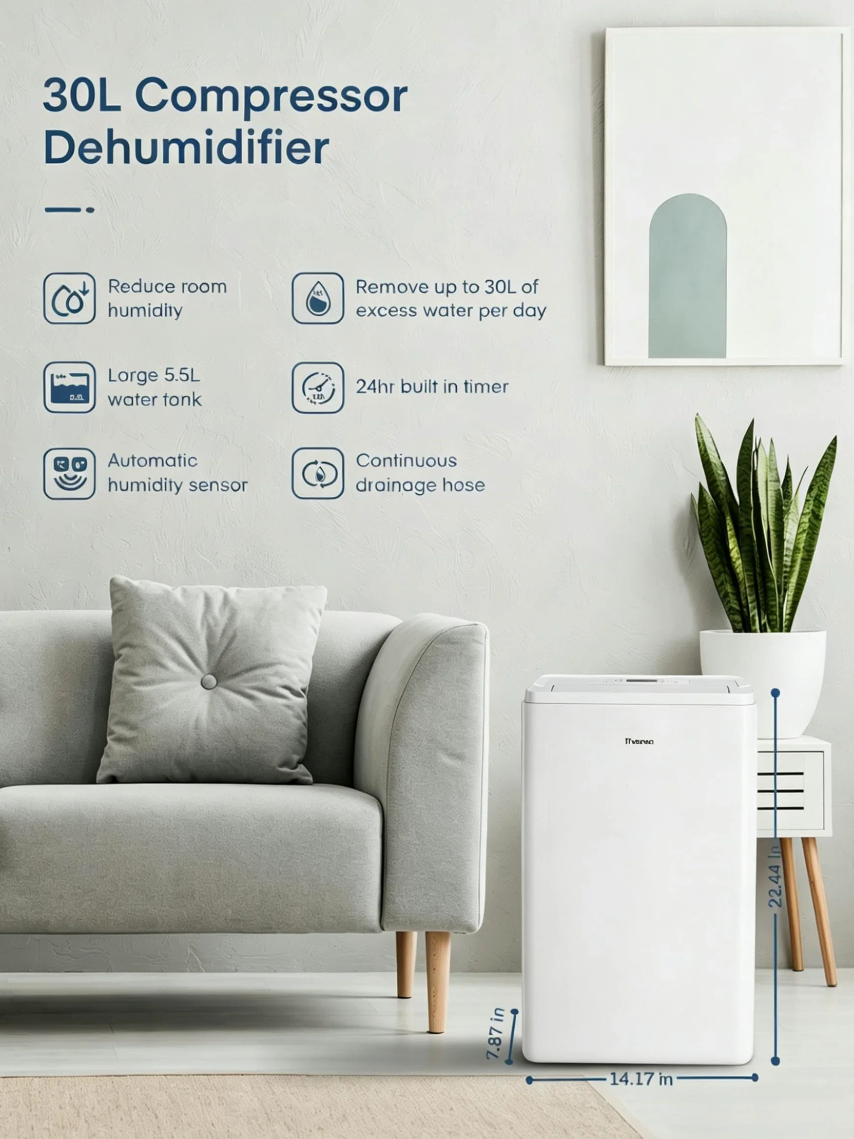 Deumidificatore con app e Wi-Fi, 20 l/24 h, deumidificatore elettrico, per fino a 135 m³, serbatoio da 4,2 l, protezione da traboccamento, timer 24 ore con modalità lavaggio, umidificatore per cantina