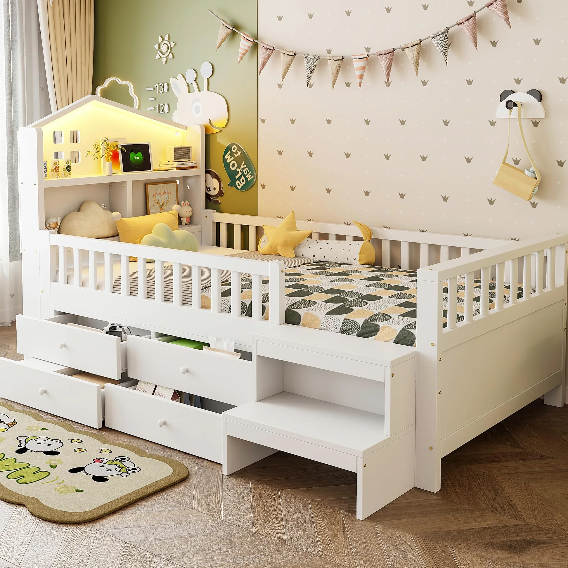 Soweiz Letto per bambini 90x200 cm, letto singolo con sponda di sicurezza, con quattro cassetti, con gradini, letto in legno massiccio con rete a doghe (bianco)