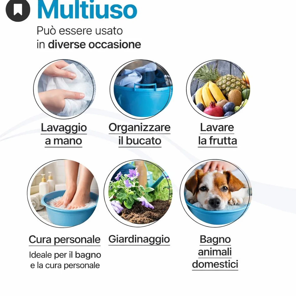 TOMAINO - Bacinella Bucato in Plastica Rigida Ovale- Contenitore Portabiancheria Multiuso per Casa, Lavaggio Panni e Cane - Catino per Bucato 22 lt Ø 55 cm