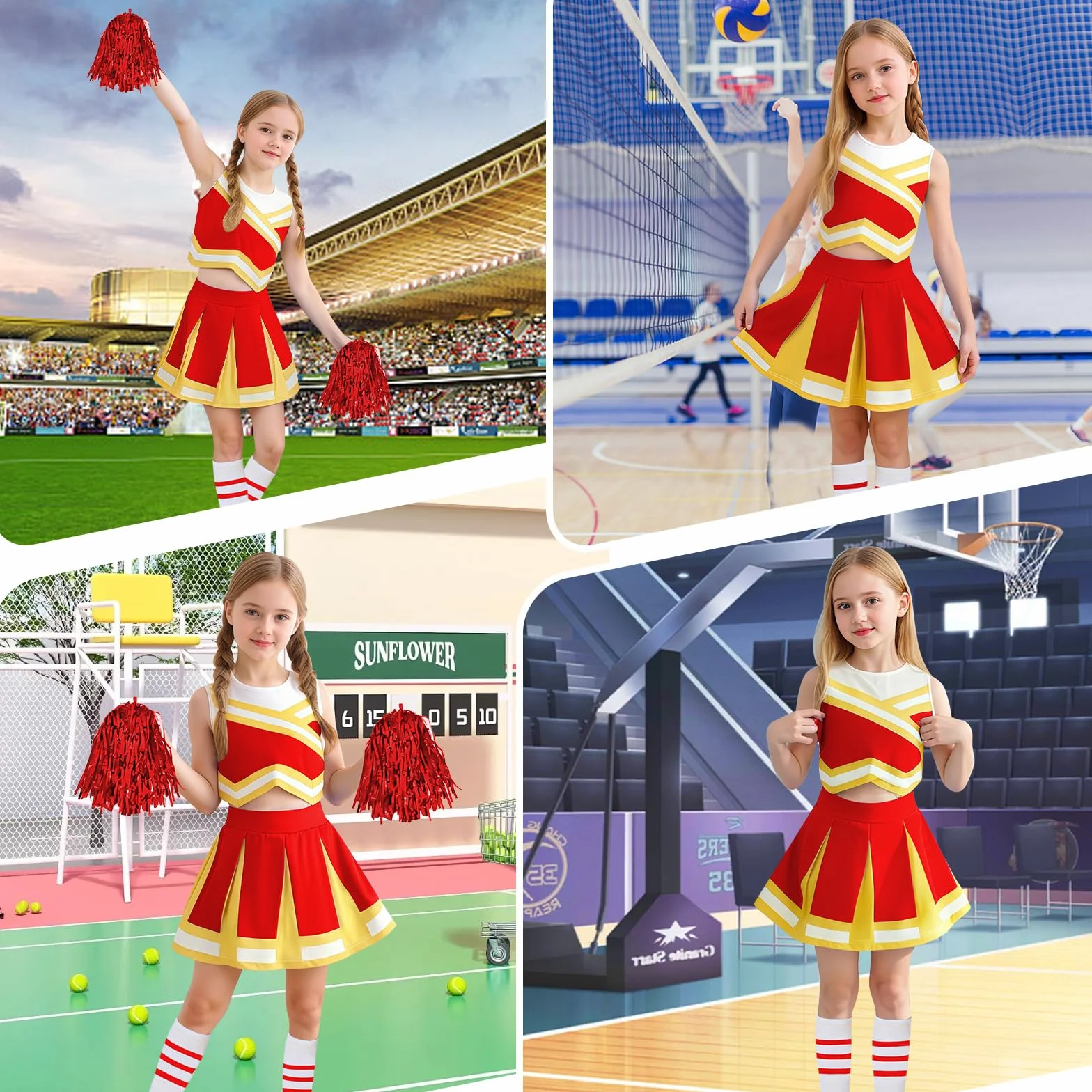 Costume Cheerleader per Bambina con Parrucca Brillante, Pompon e Fiocco per Carnevale Halloween