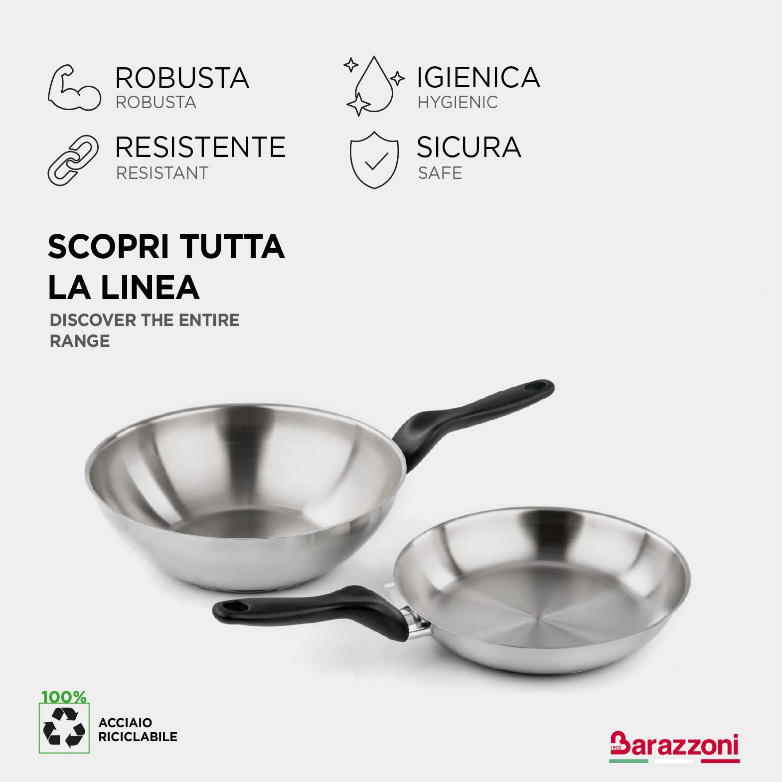 Barazzoni Le Inoxidabili Padella 24 cm Acciaio Inox 18/10 Induzione Gas Triplo fondo PFAS free