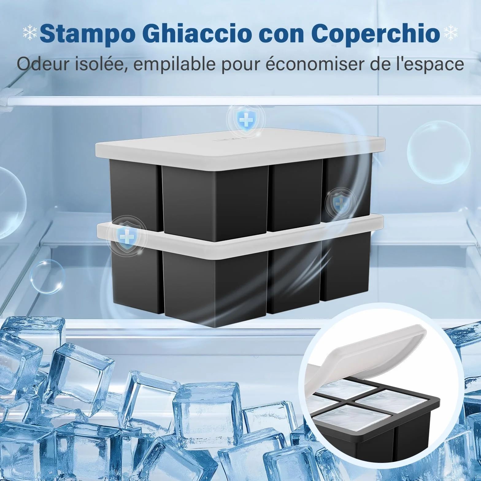 Stampo Ghiaccio Grande Silicone con Coperchio 2 Pezzi, Senza BPA, Impilabile per Whisky Cocktail Succo Gelato
