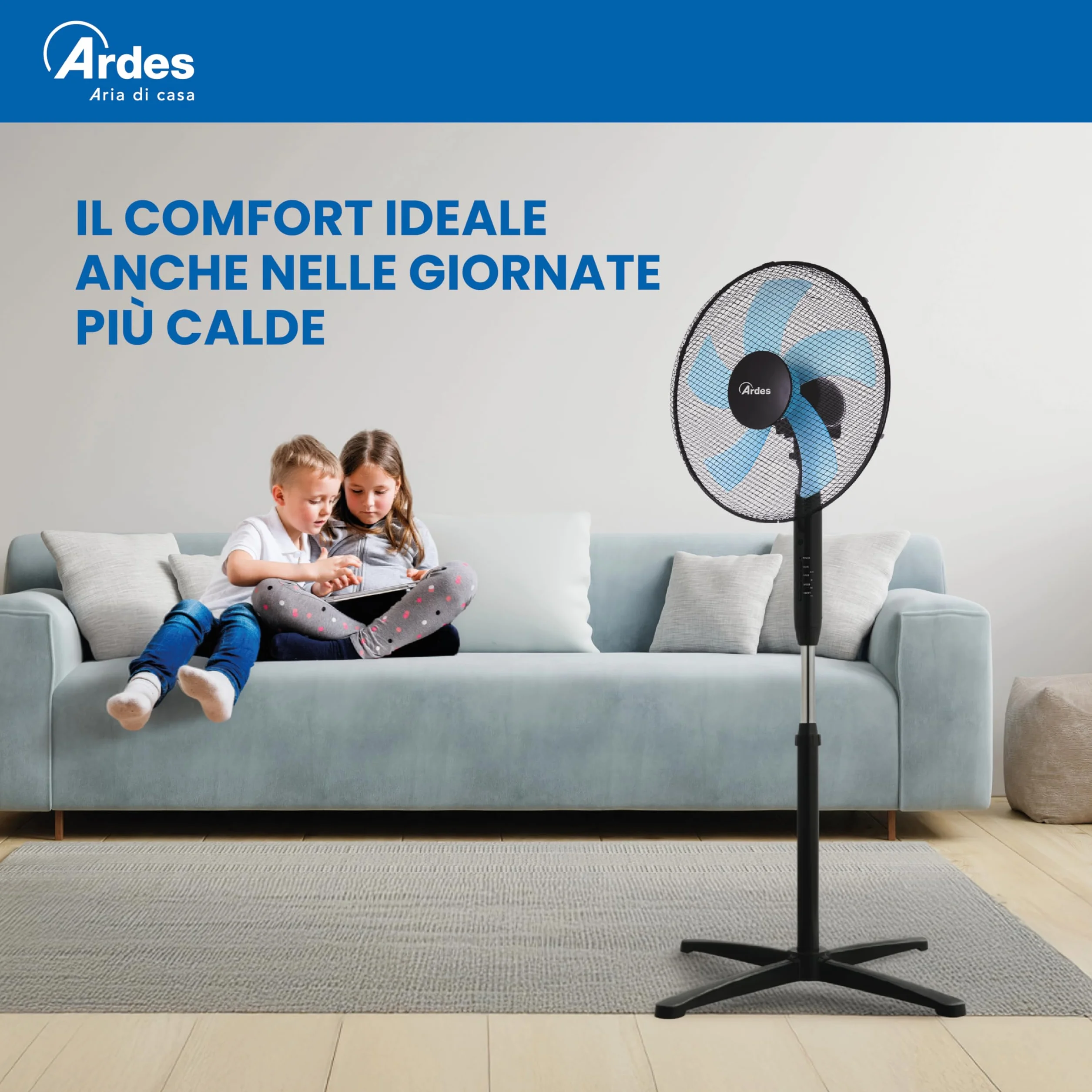 Ardes STEELO 40PN Ventilatore a Piantana 50W 40 cm con Oscillazione Automatica, Altezza e Inclinazione Regolabile, 3 Velocità, Design Total Black e 5 Pale