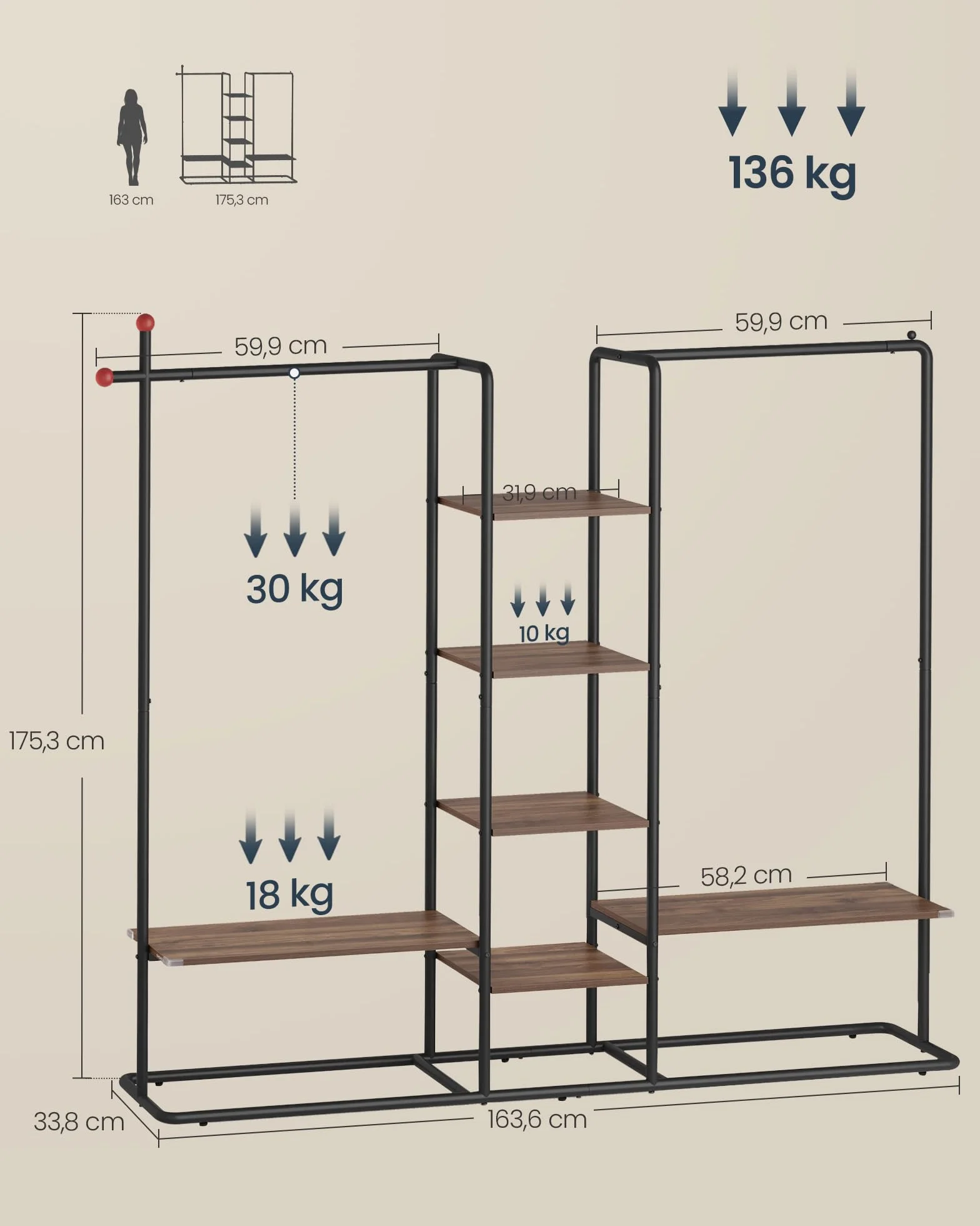 SONGMICS HOME Stand Appendiabiti, Guardaroba Aperto, 6 Ripiani Portaoggetti, 2 Barre, Ganci a Forma di Fiammifero, Armadio Camera da Letto, Noce Naturale e Nero Inchiostro RGR012B01