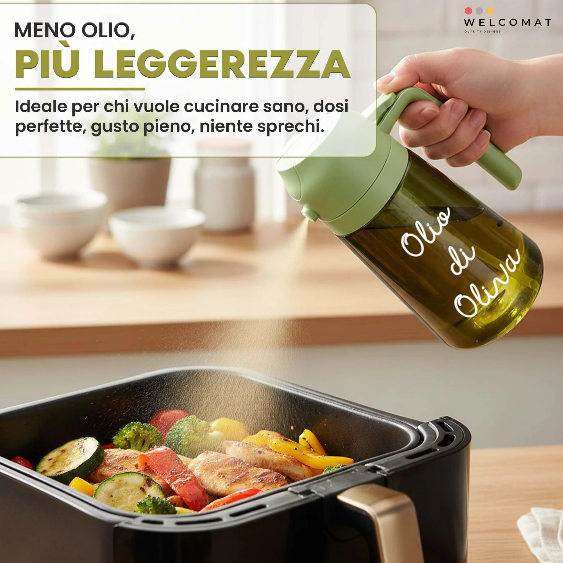 WELCOMAT Spruzzino Olio 470 ml 2 in 1 Nebulizzatore Vetro per Friggitrice ad Aria Insalata BBQ