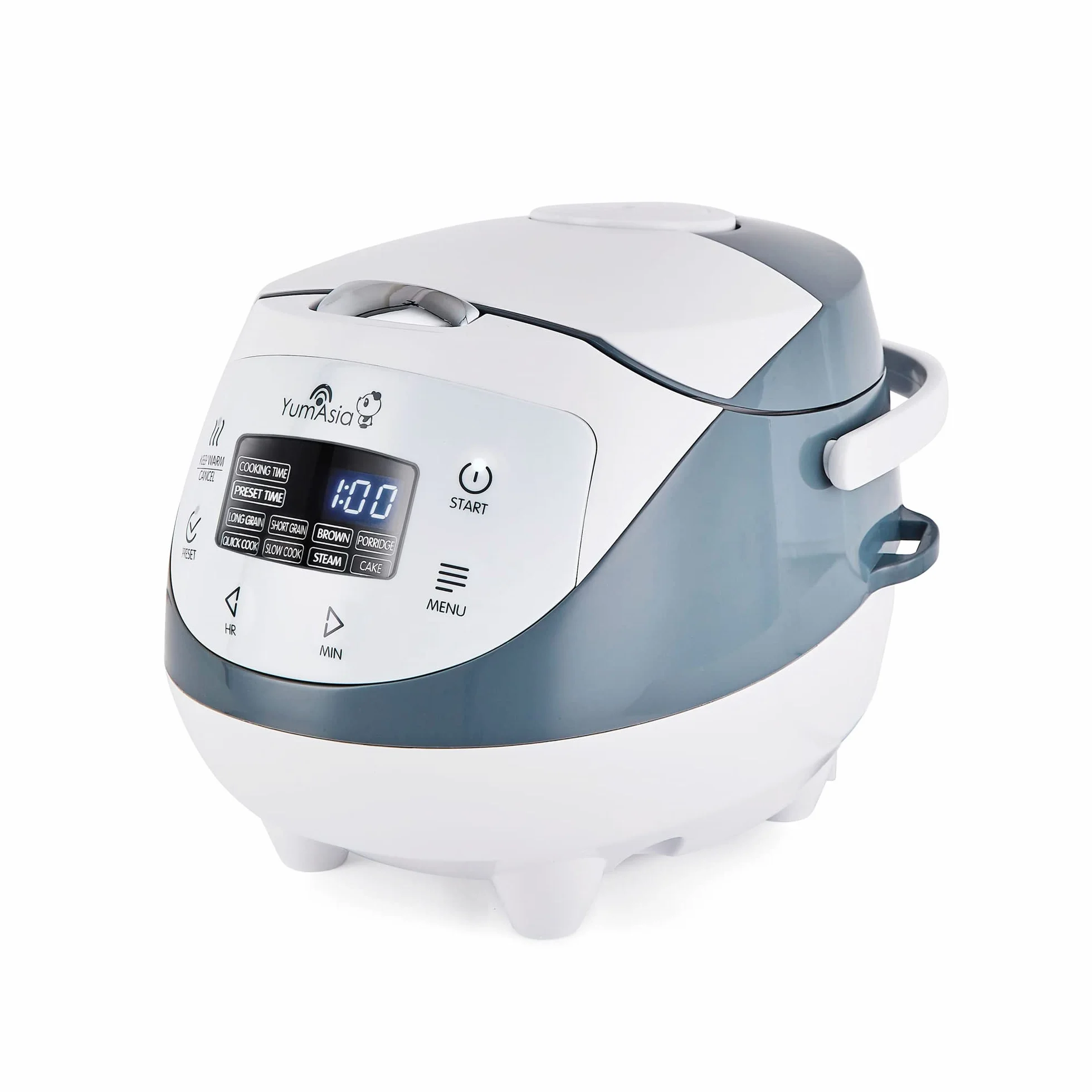 Yum Asia Panda Mini Cuociriso con Ciotola in Ceramica Ninja e Advanced Fuzzy Logic (3,5 tazze, 0,63 litri) 4 Funzioni di Cottura del Riso, 4 Funzioni Multicooker, Display LED, 220-240V (White/Grey)
