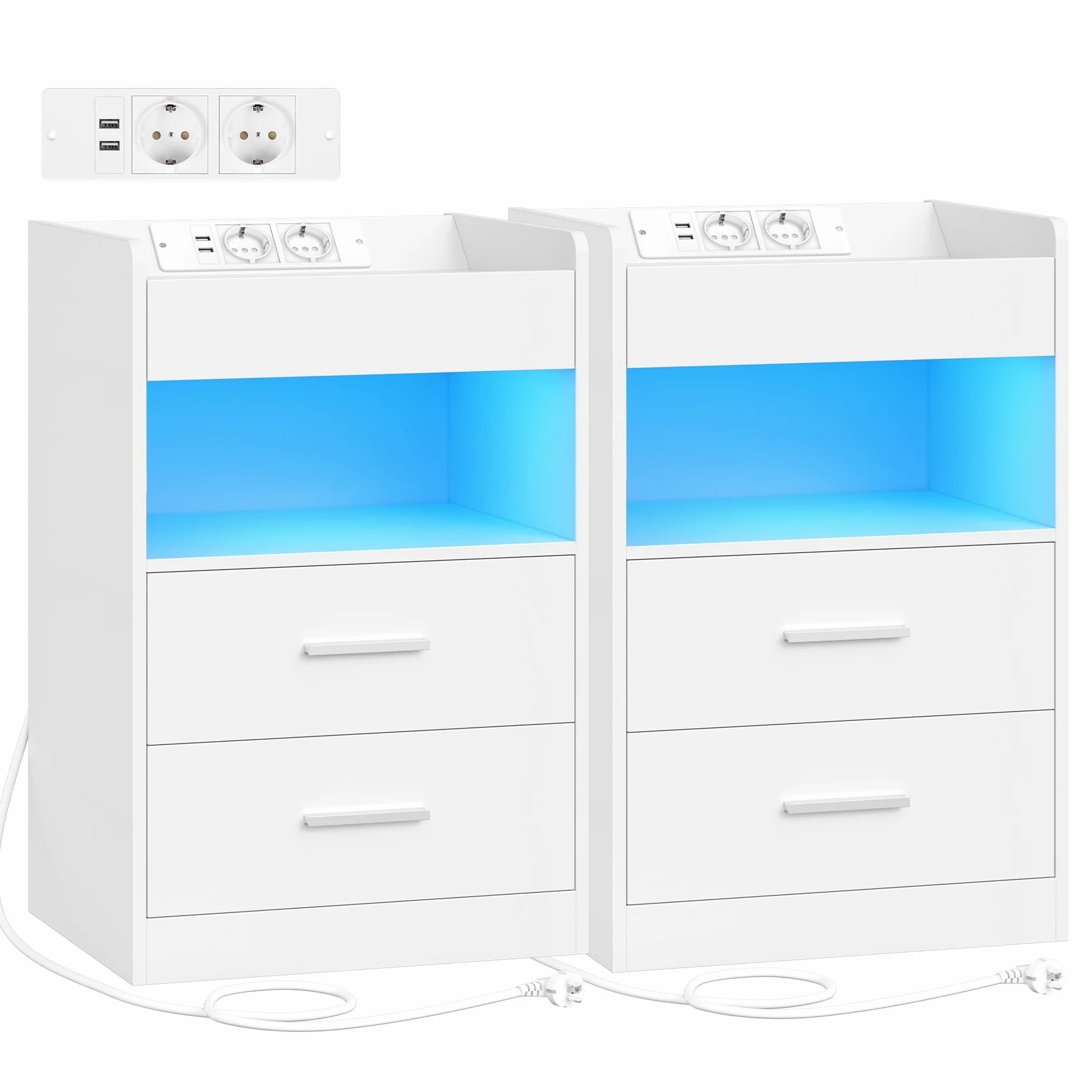 Hzuaneri Comodino Set di 2, Comodini Camera da Letto con Luce LED e Stazione di Ricarica, 2 Cassetti, Tavolino con vassoio, 35 x 40 x 60 cm, Soggiorno, Bianco NS33603XEU