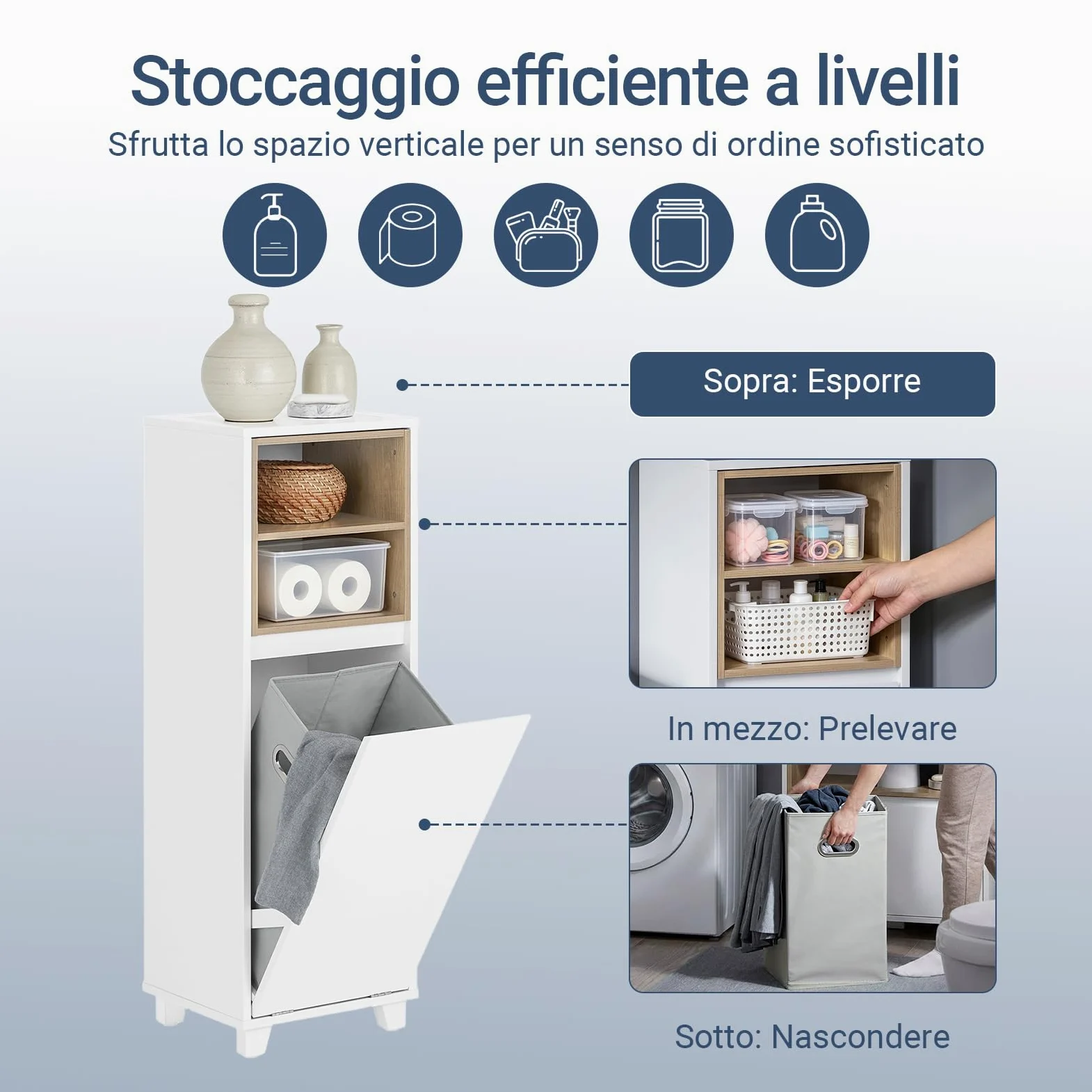 SoBuy Mobile Bagno Salvaspazio con Cesto Portabiancheria – Mobiletto Cassettiera Bagno, Mobile Lavanderia Bianco, 35 x 30 x 105 cm, BZR146-W