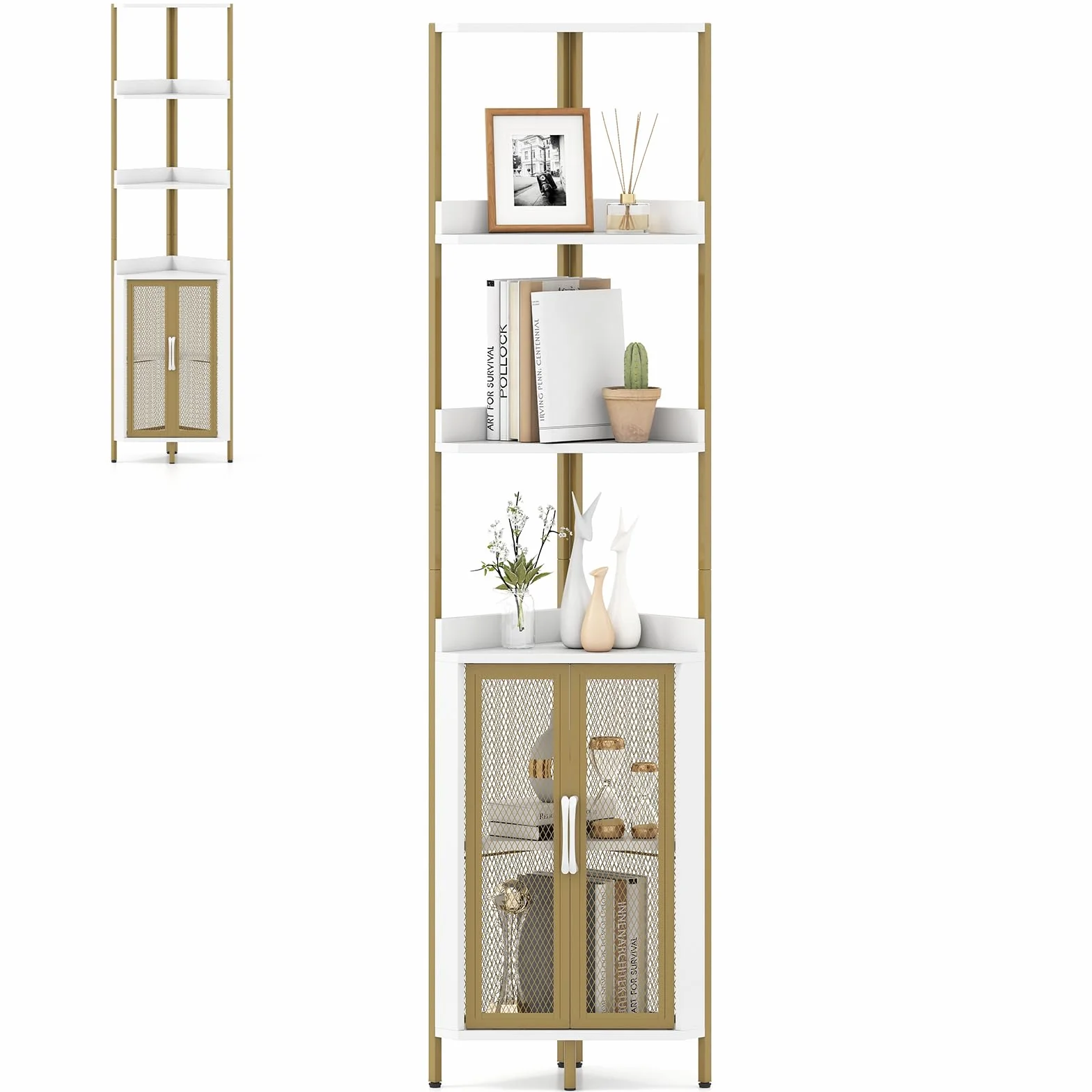 HOMASIS Scaffale ad Angolo, Mobiletto Angolare a 4 Ripiani e Armadietto, Portaoggetti di Legno, Mensola Industriale in Soggiorno, Studio, Cucina, Camera da Letto (Bianco, 32 x 170 cm)