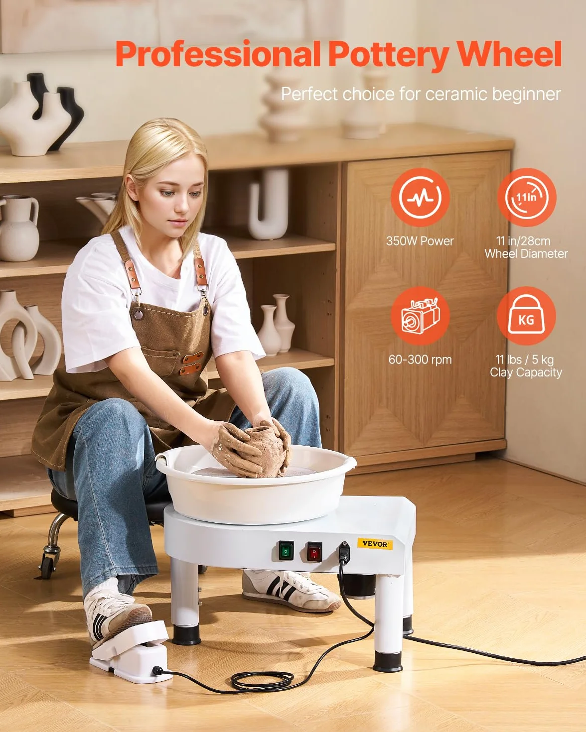 VEVOR Tornio per Ceramica, Macchina per la formatura di Ruote in Ceramica da 28 cm, velocità Regolabile da 60 a 300 Giri/min, Pedale, Gamba di Sollevamento Regolabile, Vasca Rimovibile
