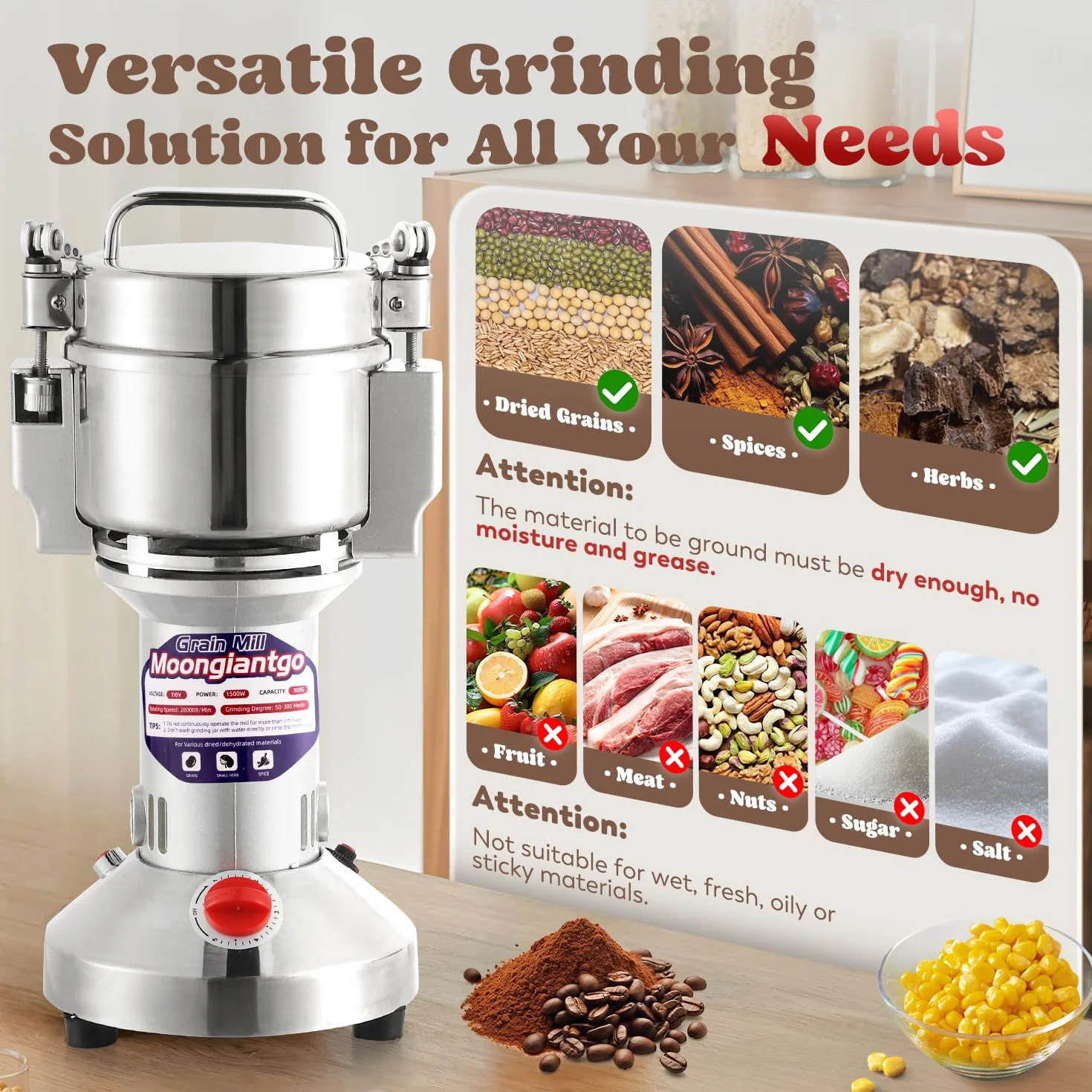 Moongiantgo Mulino Elettrico per Cereali 500g Acciaio Inossidabile, 2500W 36000RPM Motore Commerciale & Rettifica Superfine 30s, Protezione da Sovraccarico & Open-Cover-Stop, Per Grano, Spezie, Ecc.