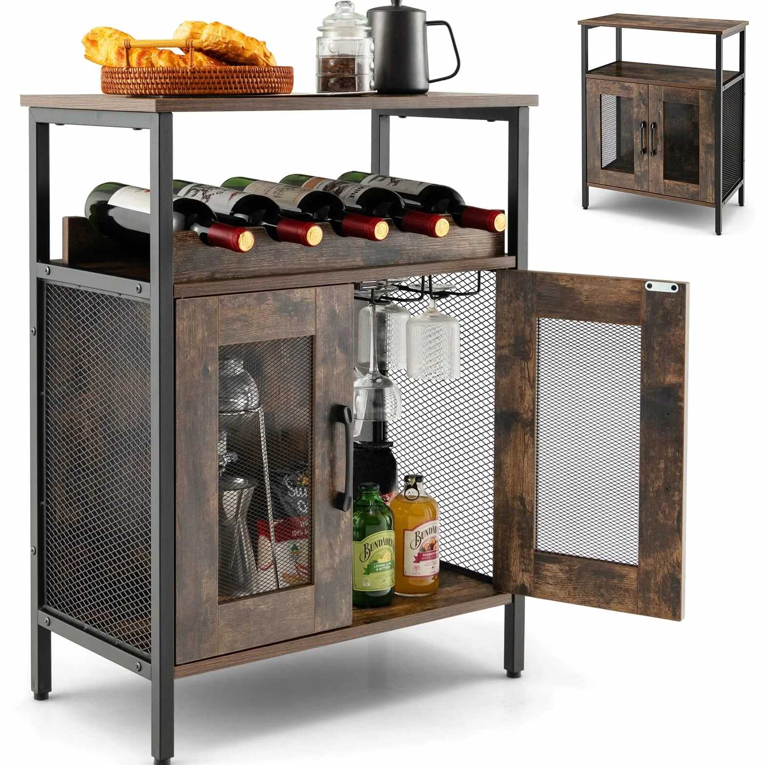 GYMAX Armadio per Vino per 5 Bottiglie Rimovibile, Armadietti di Vino con 6 Porta Calici, Mobile da Vino in Rete Metallica per Cucina, Sala da Pranzo, Industriale, 60 x 34 x 79 cm (Marrone)