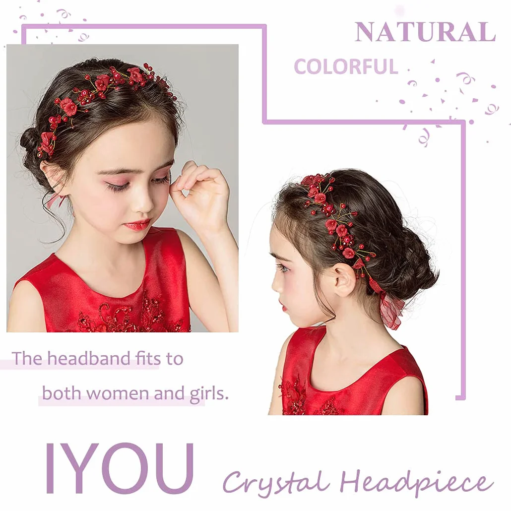 Coroncina Fermaglio Fiori Copricapo Rosso Perle Cristalli Accessorio Capelli Sposa Bambina