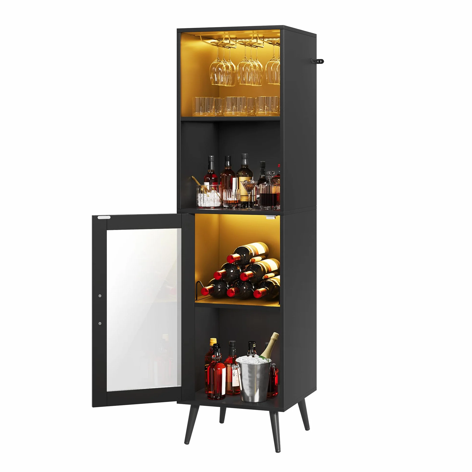 YITAHOME Armadietto da bar con luci LED regolabili, caffetteria con portabottiglie e ganci e anta in acrilico, credenza da cucina per buffet per casa, bar, sala da pranzo, soggiorno, nero