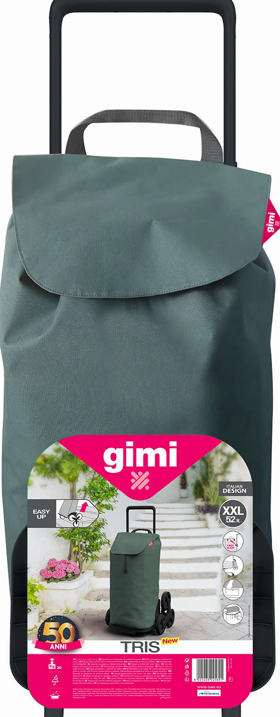Gimi (GIMIV) 77565 Trolley per la Spesa con 6 Ruote, Impermeabile, 100% Poliestere, capacità 52 l, 44,1 x 50,7 x 95,6 cm, Poliuretano, Verde, Grande