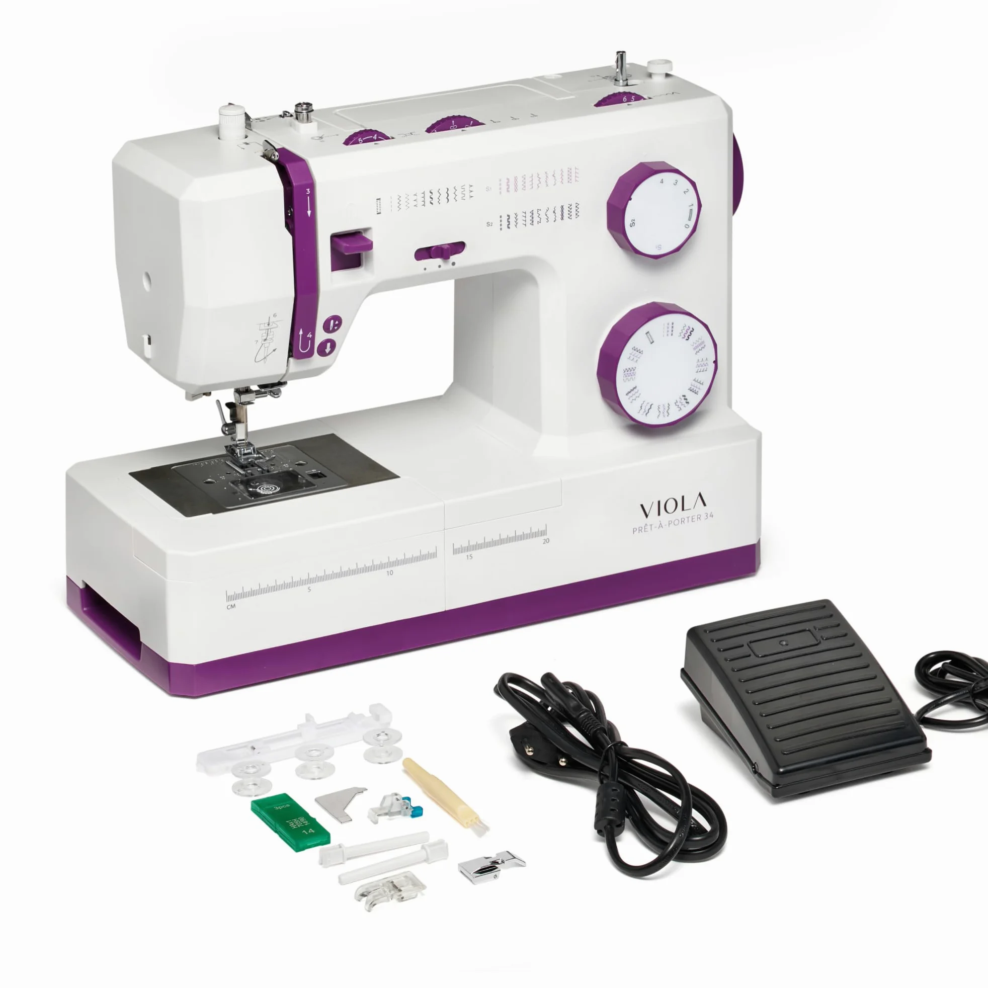VIOLA Prêt-à-Porter, Macchina da Cucire, 34 Punti Cucito, Speciale Servomotore, Doppia Alzata del Piedino per Tessuti Pesanti, Robusta e Facile da Utilizzare, Hobby Creativi, Infilatore Automatico