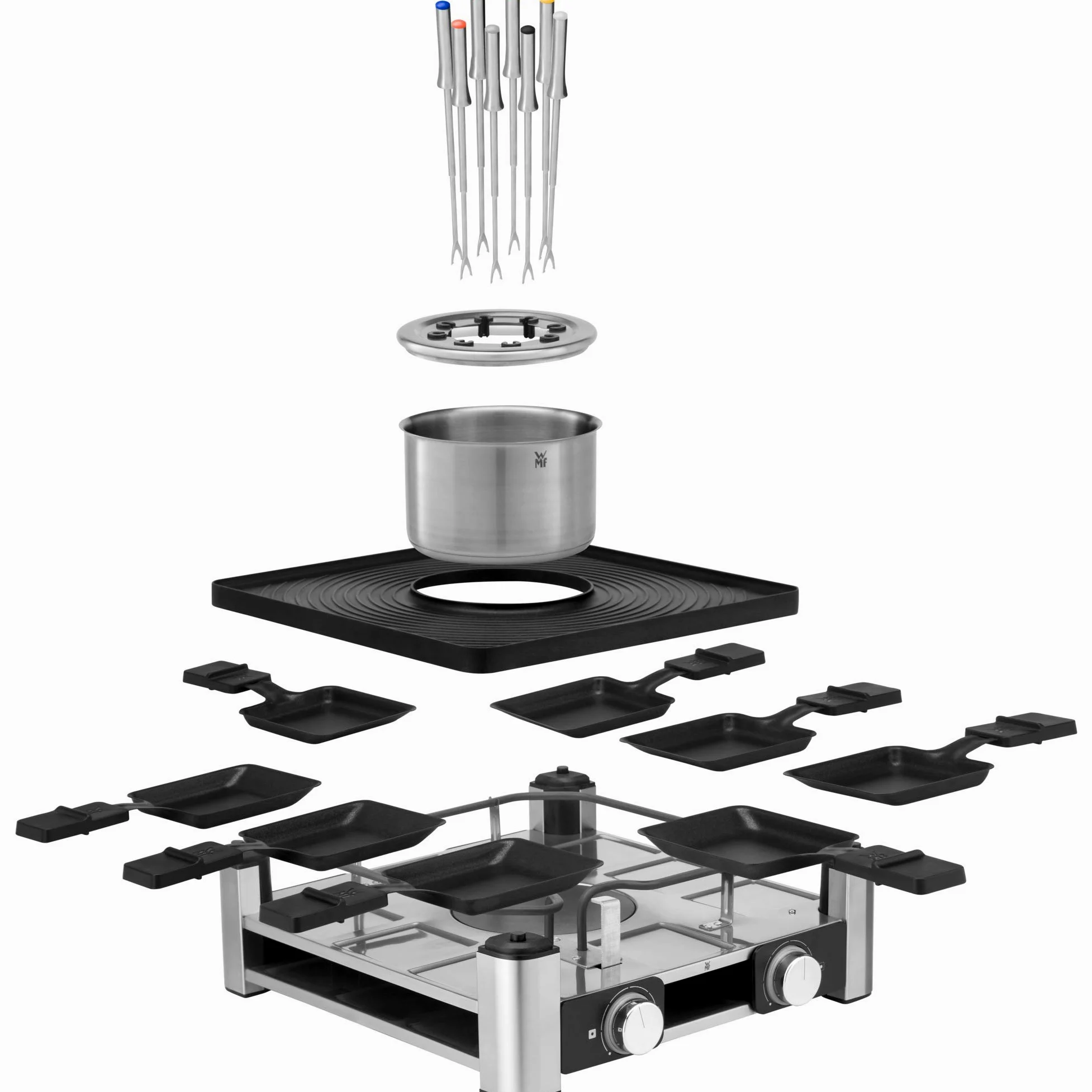 WMF Gourmet Station Lumero 3 in 1 in Acciaio Cromargan, Raclette, Fonduta e Griglia Elettrica Tutto in 1 per 8 Persone, con 8 Tegamini, 8 Spatole per Formaggio e 8 Forchette,Display LCD,Potenza 1800W