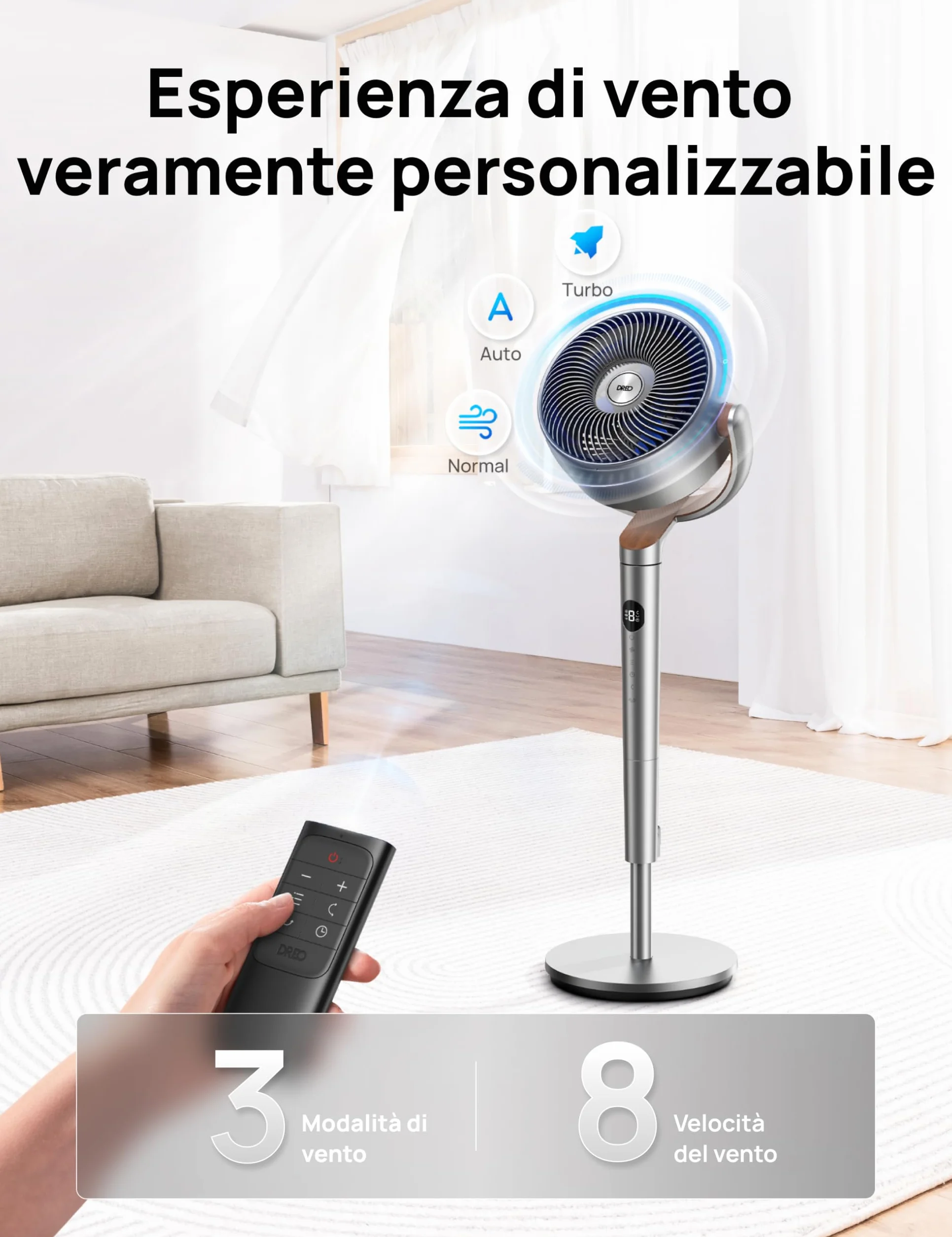 DREO 23dB Ventilatore a Piantana silenzioso, 120°+120°Omni-directional Oscillating Fan, Portata di 24M, Volume d'aria1200m³/h, DC Motor Quiet Standing Fans, Adjustable Height, 8 Speeds, 3 Modes