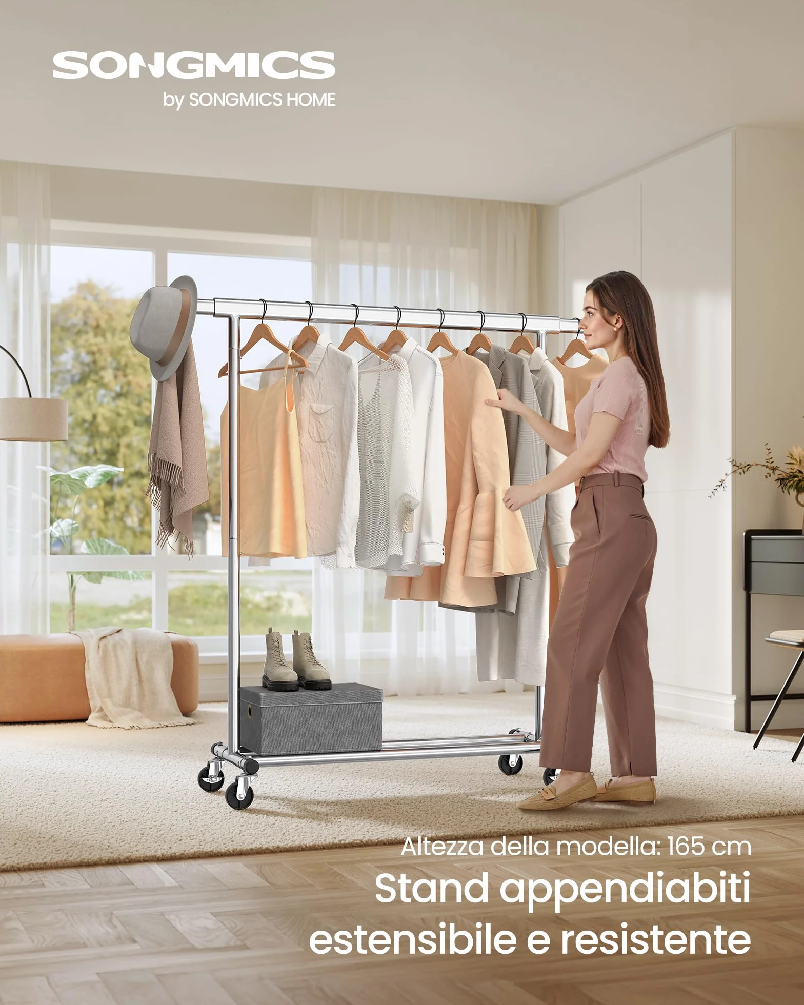 SONGMICS Stand Appendiabiti con Ruote, Estensibile, Portata 100 kg, 45 x 92-132 x 161,5 cm, Argento HSR13S
