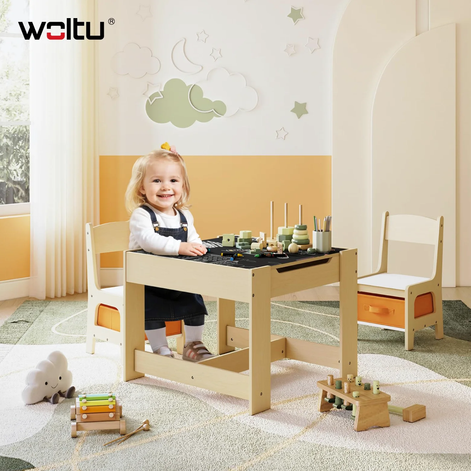WOLTU Set Mobili con Lavagna Contenitore Tavolo e Sedie per Bambini Soggiorno Tavolino con 2 Sgabelli in Legno