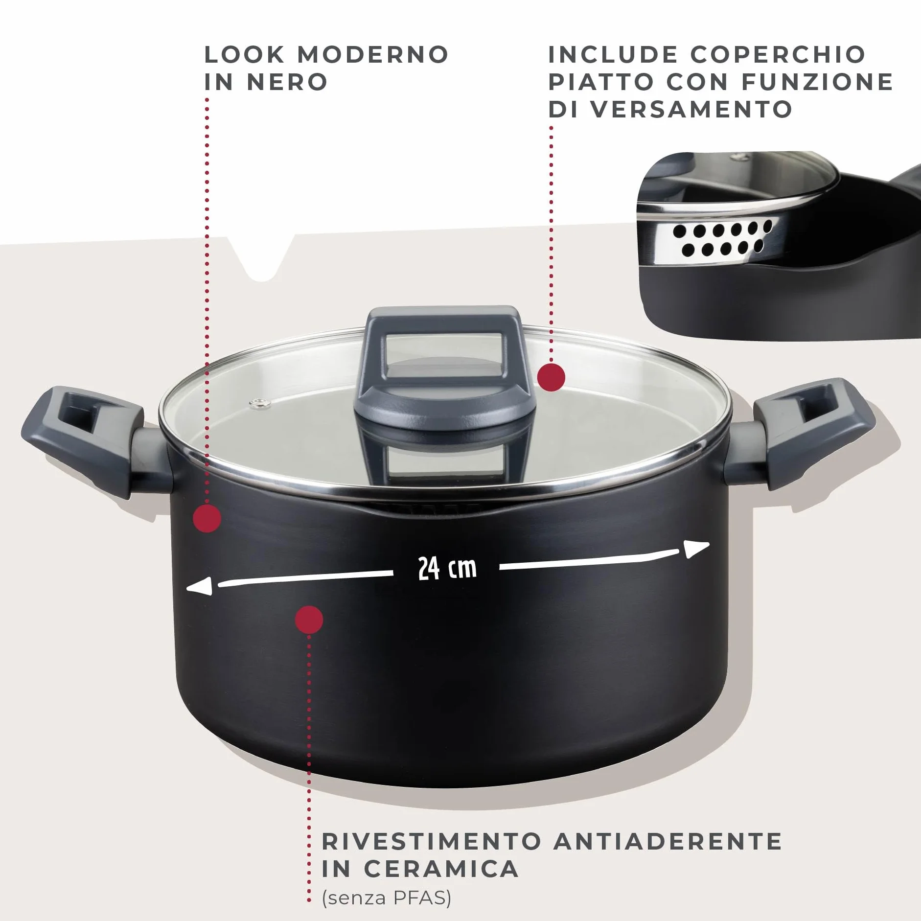 Fackelmann Pentola Casseruola Statement Ø 24 cm – con rivestimento in ceramica – Alluminio riciclato con rivestimento antiaderente – senza PFAS, manico resistente al calore, per tutti i piani cottura