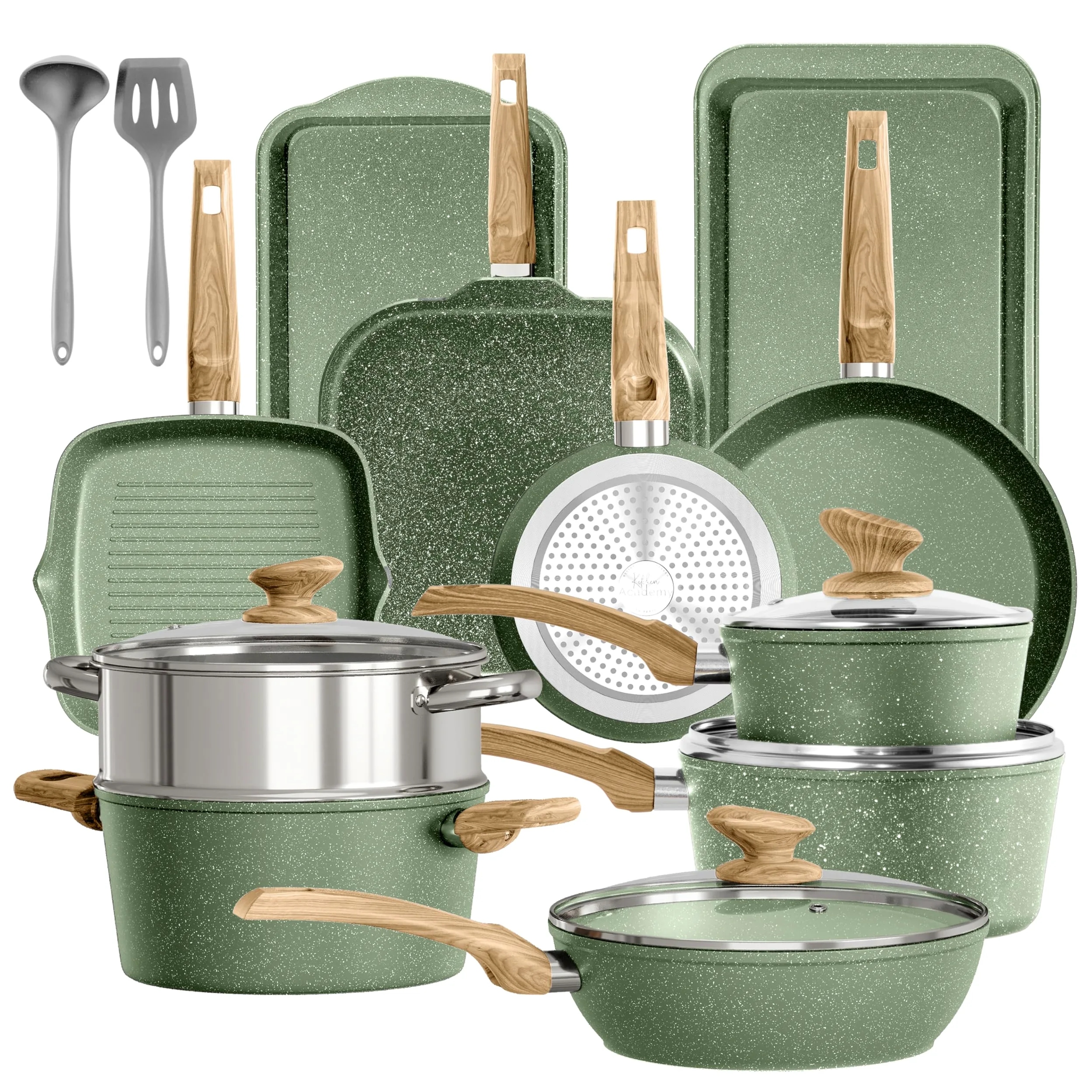Kitchen Academy - Set di pentole a induzione, 17 pezzi, con coperchi in vetro e rivestimento in granito, con padelle e pentole (verde, 17 pezzi)