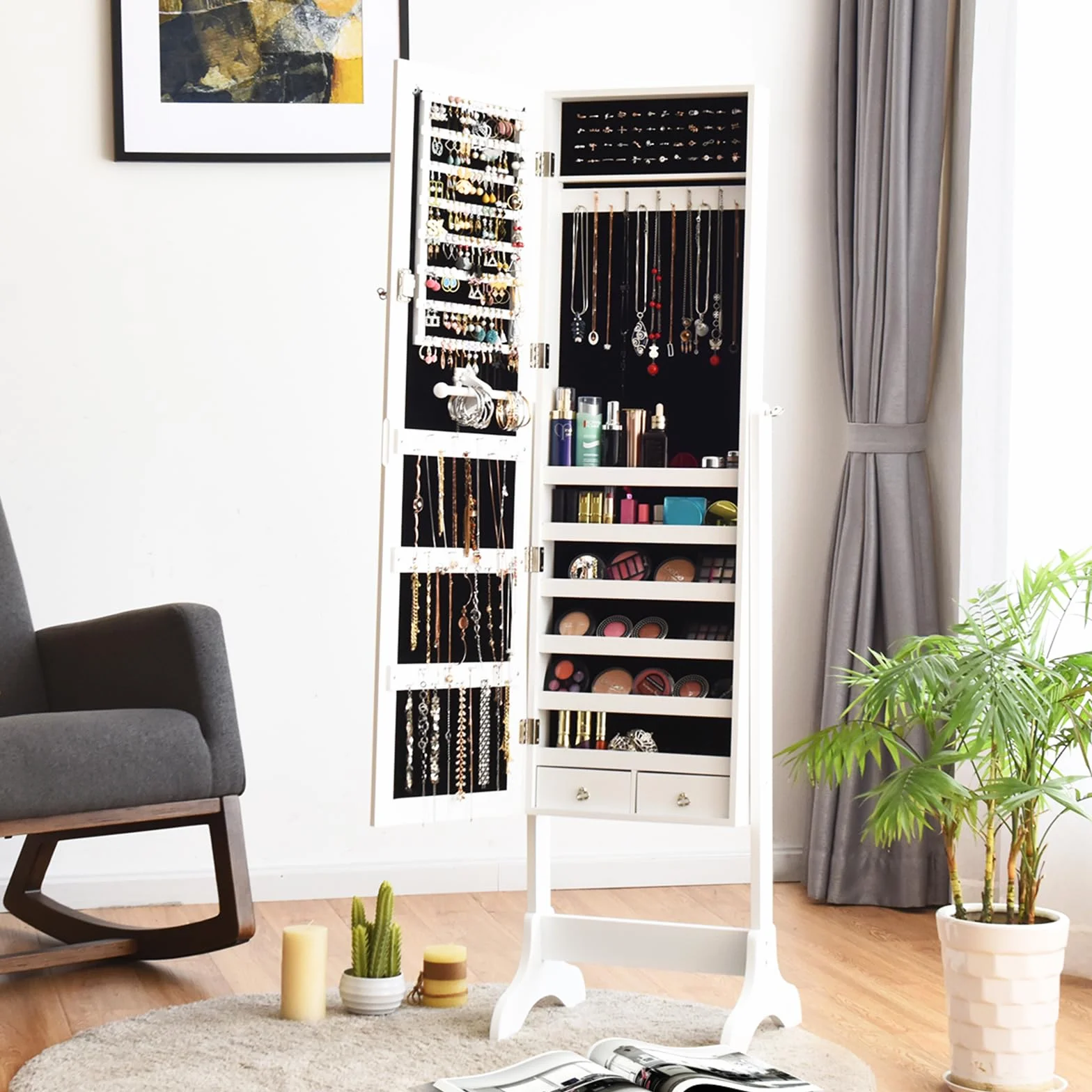 COSTWAY Mobile Portagioie da Terra con Specchio e 2 Cassetti, 156 x 37 x 46 cm