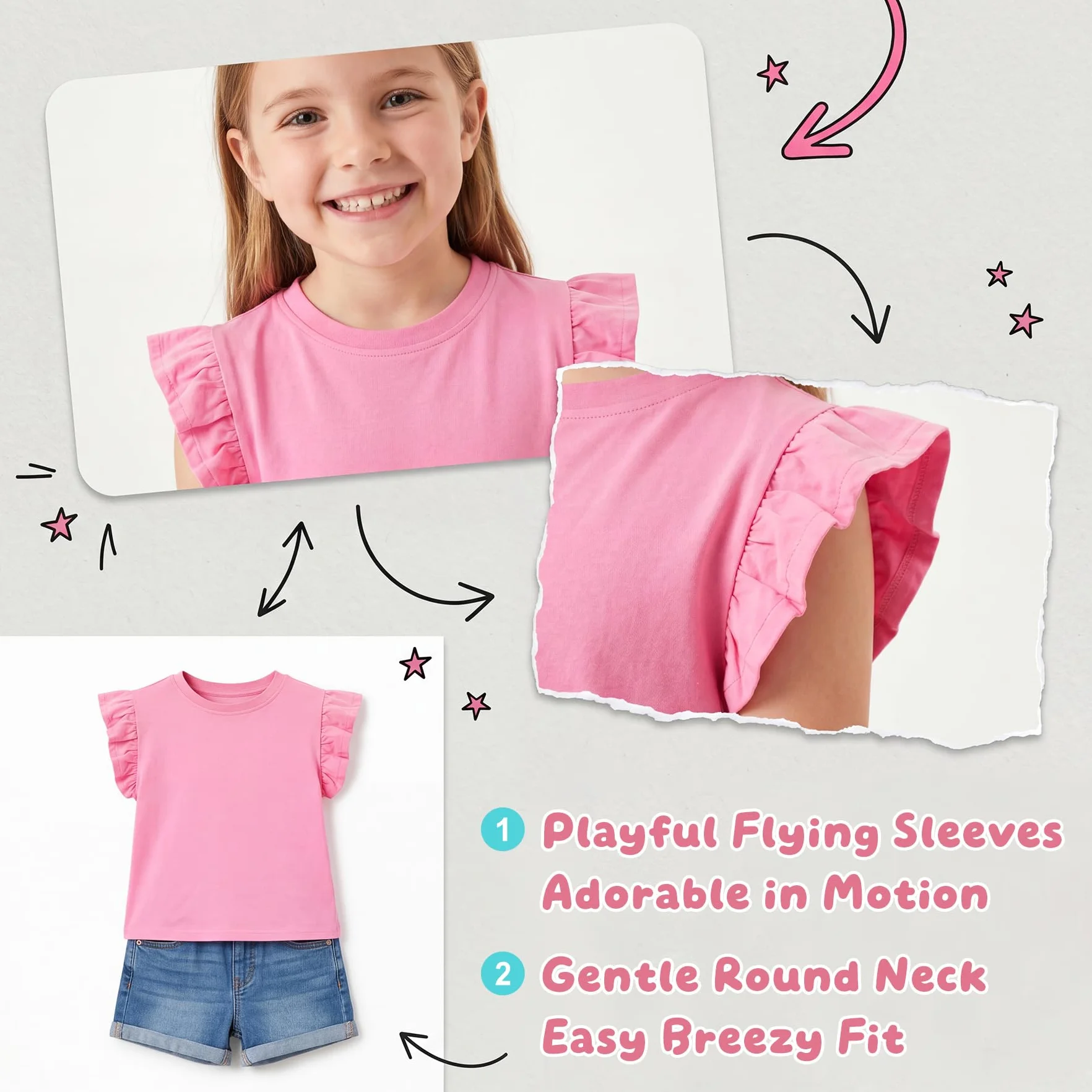 T-Shirt Bambina Ragazze Set di 2 Cotone Manica Farfalla Maglietta Collo Rotondo Top Morbido Casual Unicolore Tee Scuola Parco Estate Abbigliamento per Ragazza Bambine 4-10 Anni